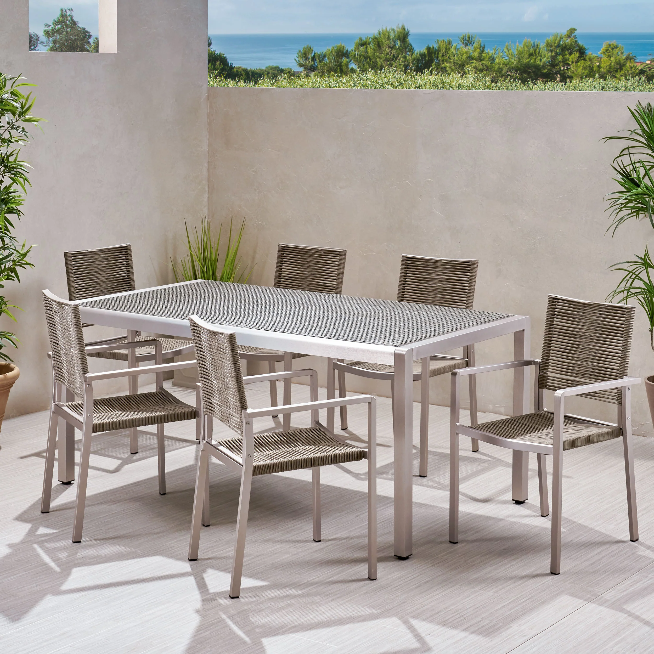 Makyla Outdoor Modern 6 Seater Aluminum Dining Set with Wicker Table Top - furnishings