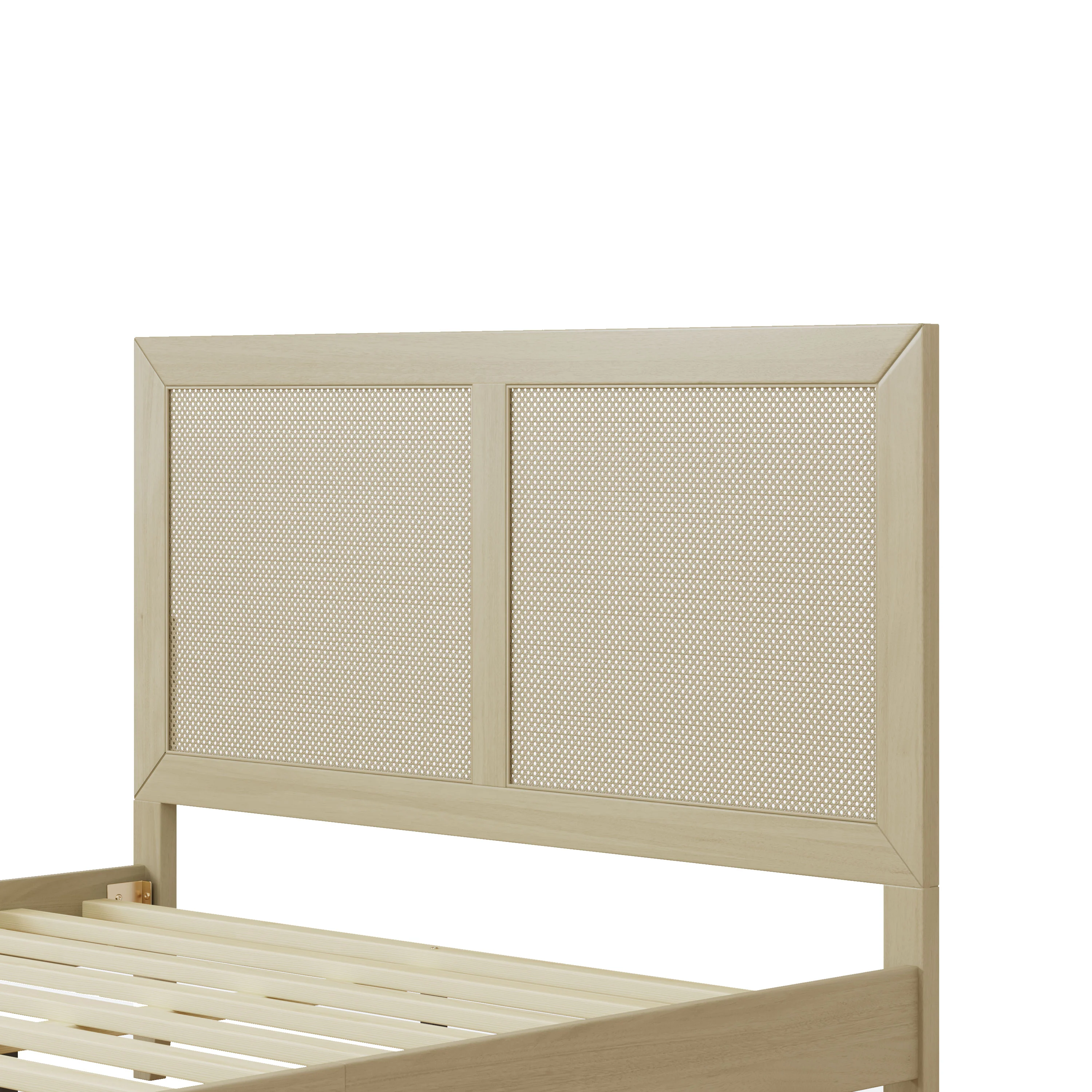 Linenwood Eudoca Rubber Wood Platform Bed with Rattan Woven Headboard, Natural - furnishings