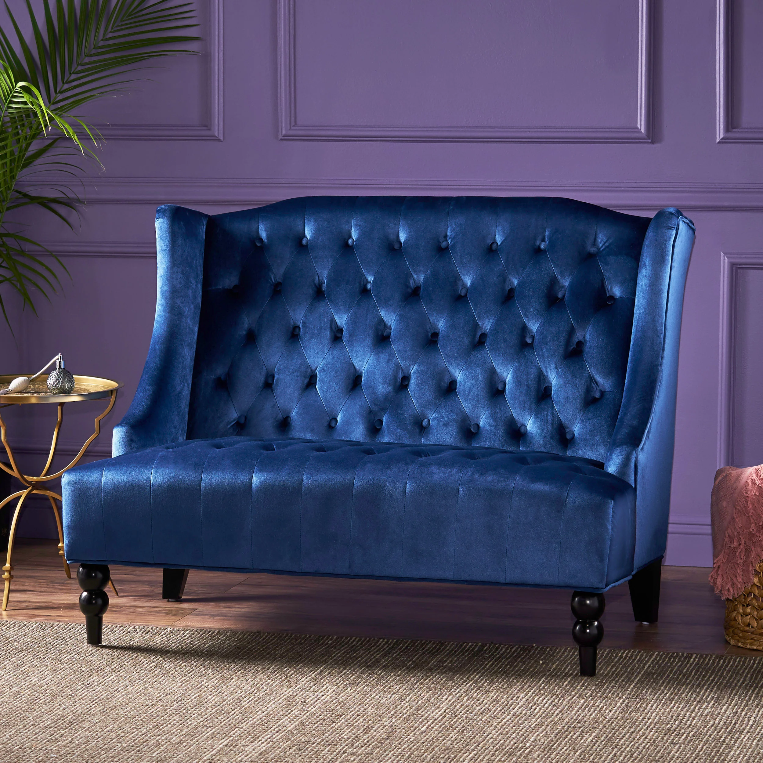 Leona French Style High Back Tufted Winged Velvet Loveseat - furnishings