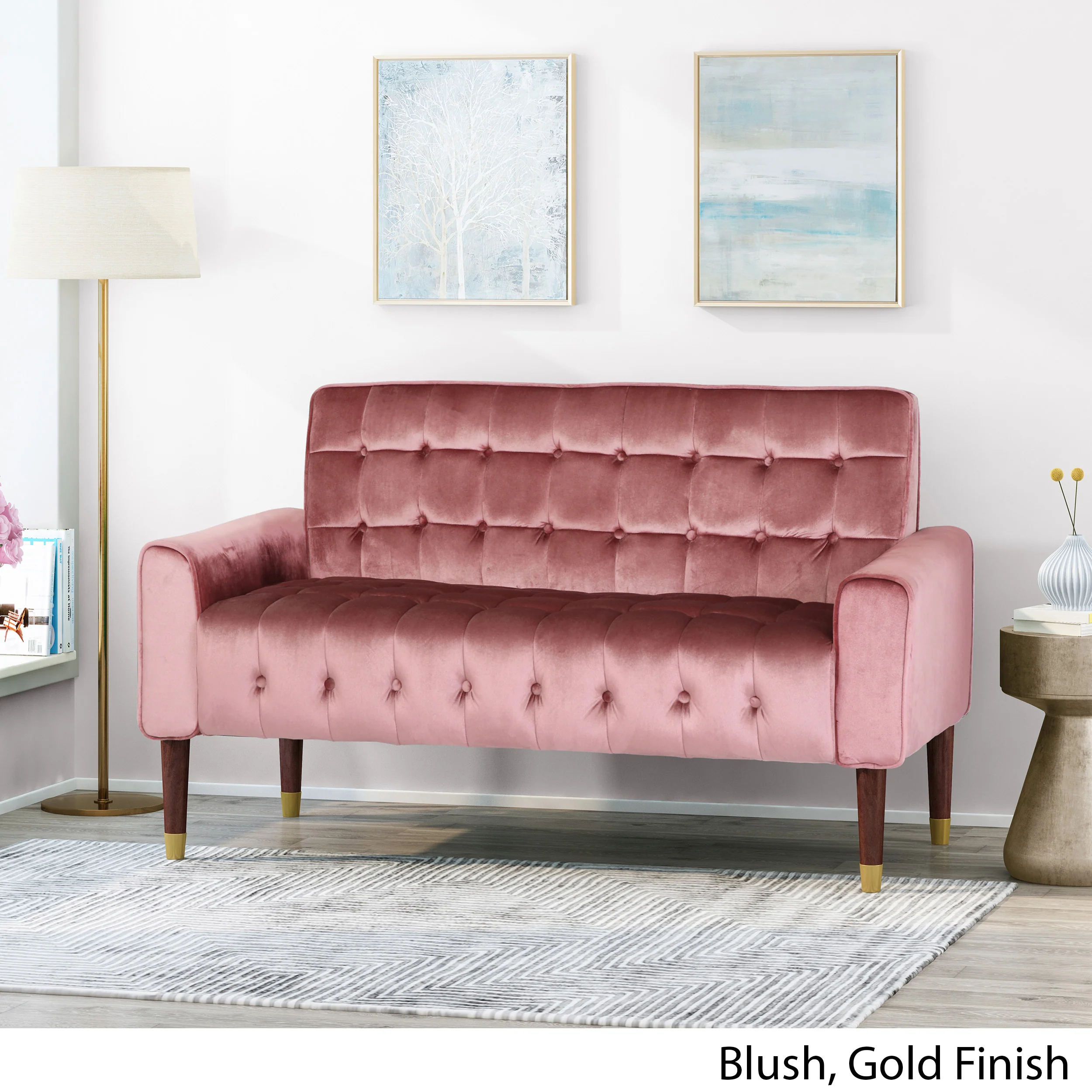 Aubrie Tufted Velvet Loveseat with Gold Tipped Tapered Legs - furnishings