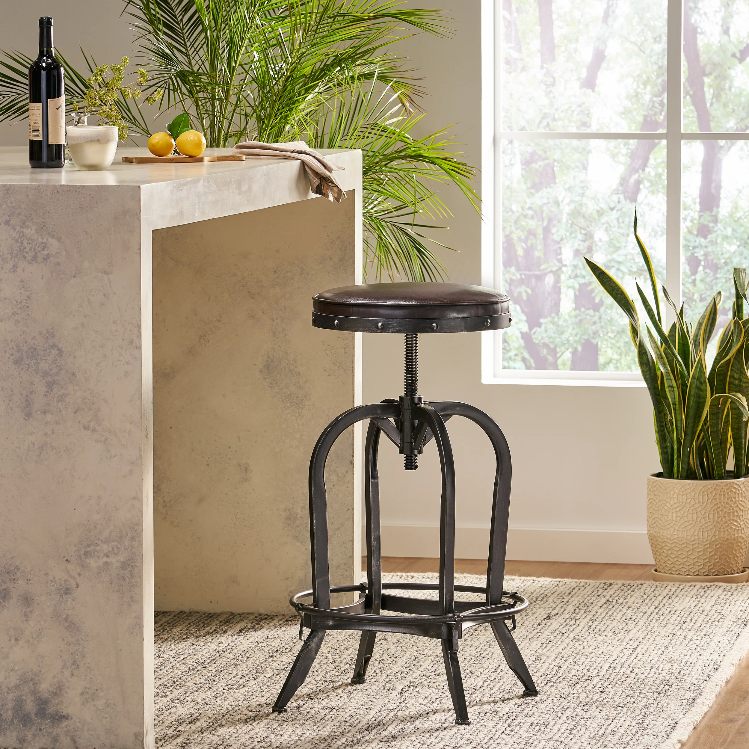 Dempsey Padded Brown Leather Iron Adjustable Swivel Bar Stool - furnishings
