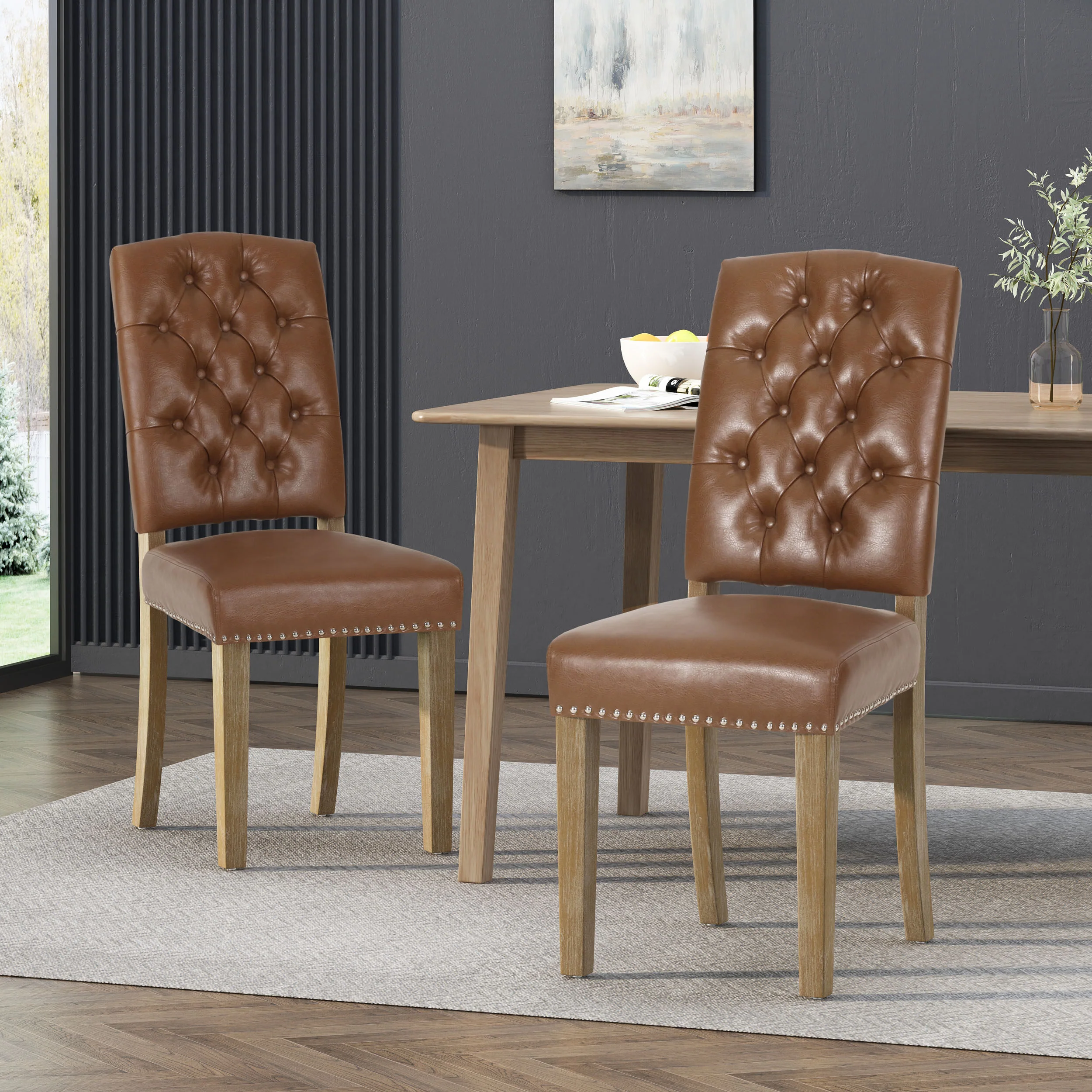 Frances Contemporary Faux Leather Tufted Dining Chairs with Nailhead Trim, Set of 2 - furnishings