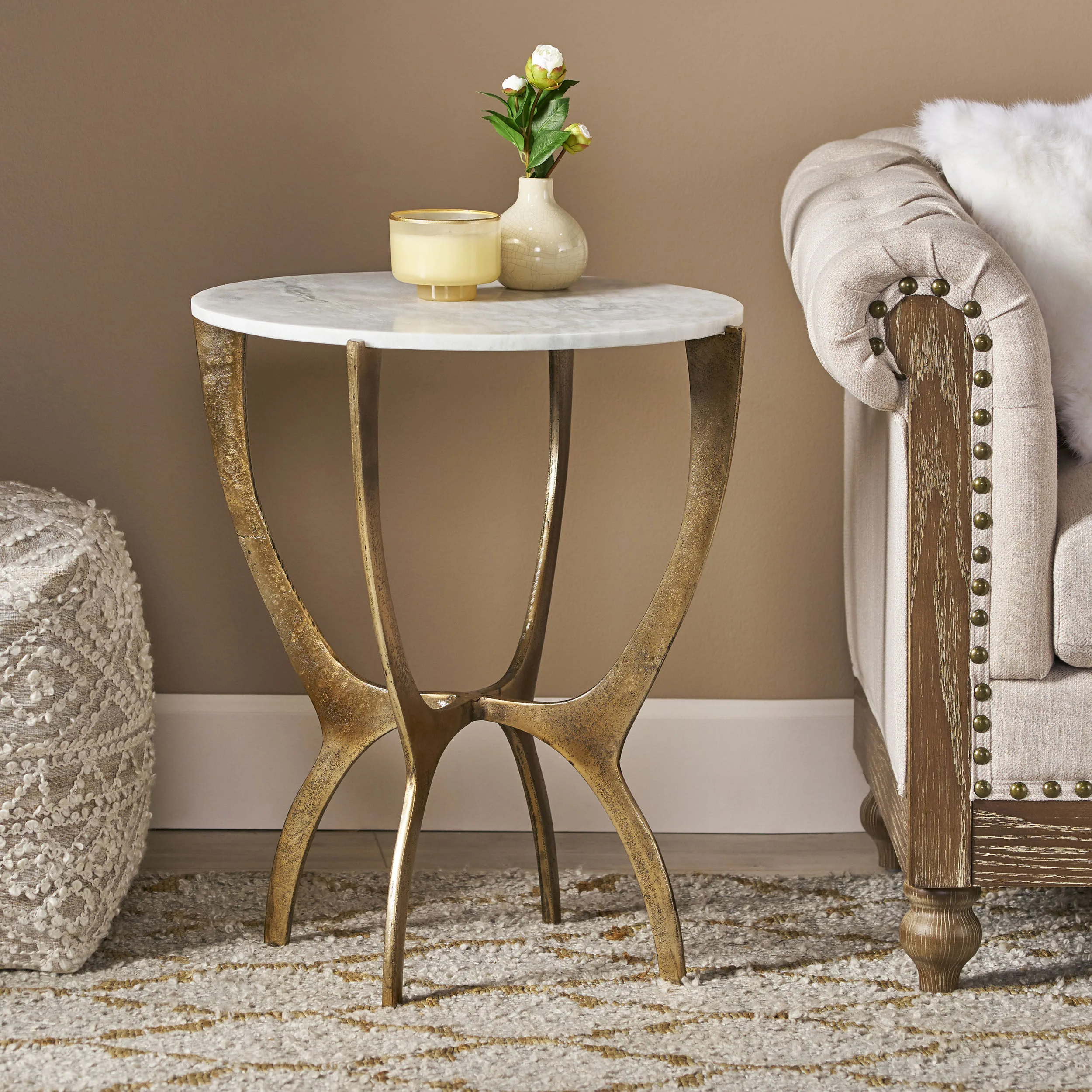 Elon Boho Glam Handcrafted Marble Top Side Table - furnishings