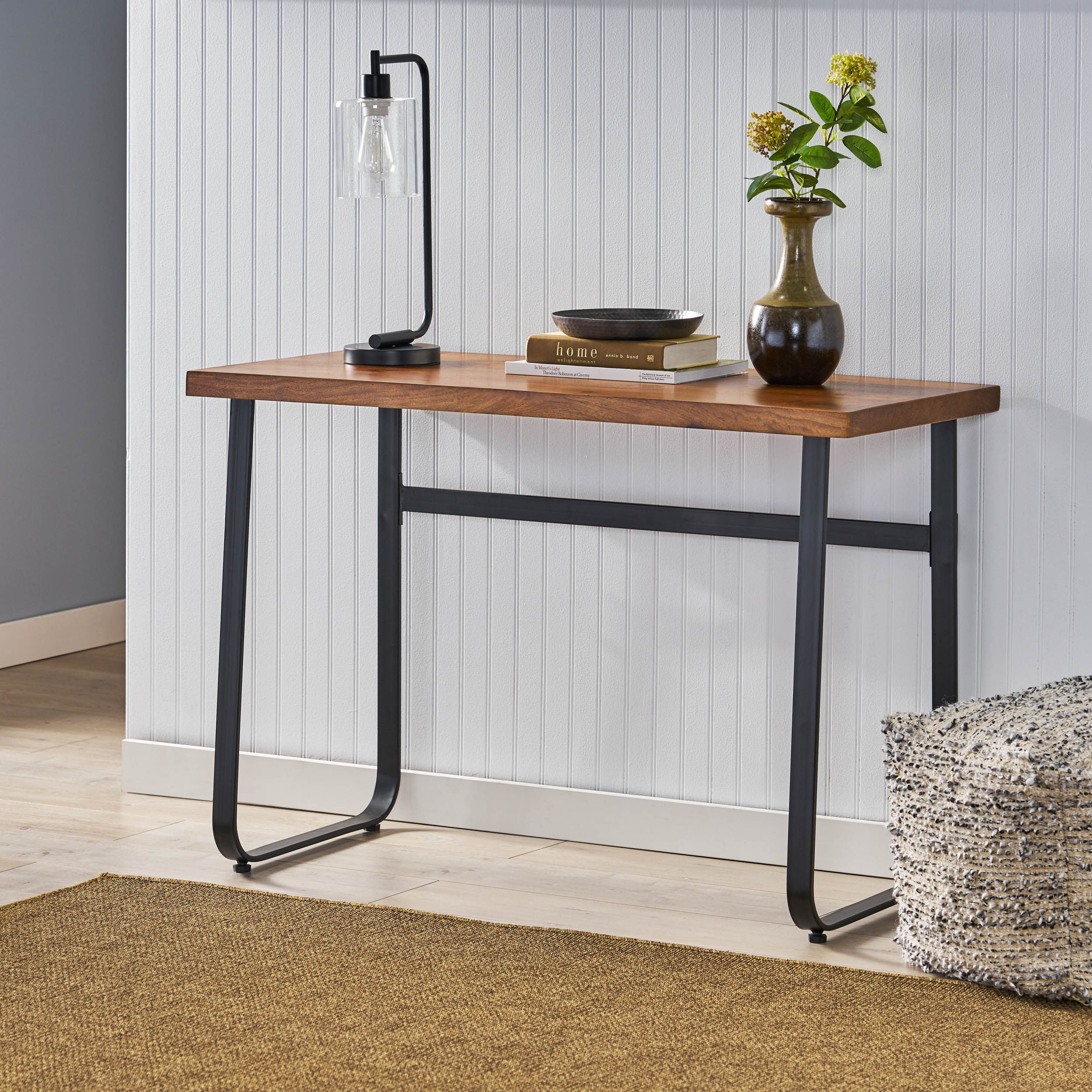 Vess Modern Industrial Handmade Mango Wood Console Table, Walnut and Black - furnishings