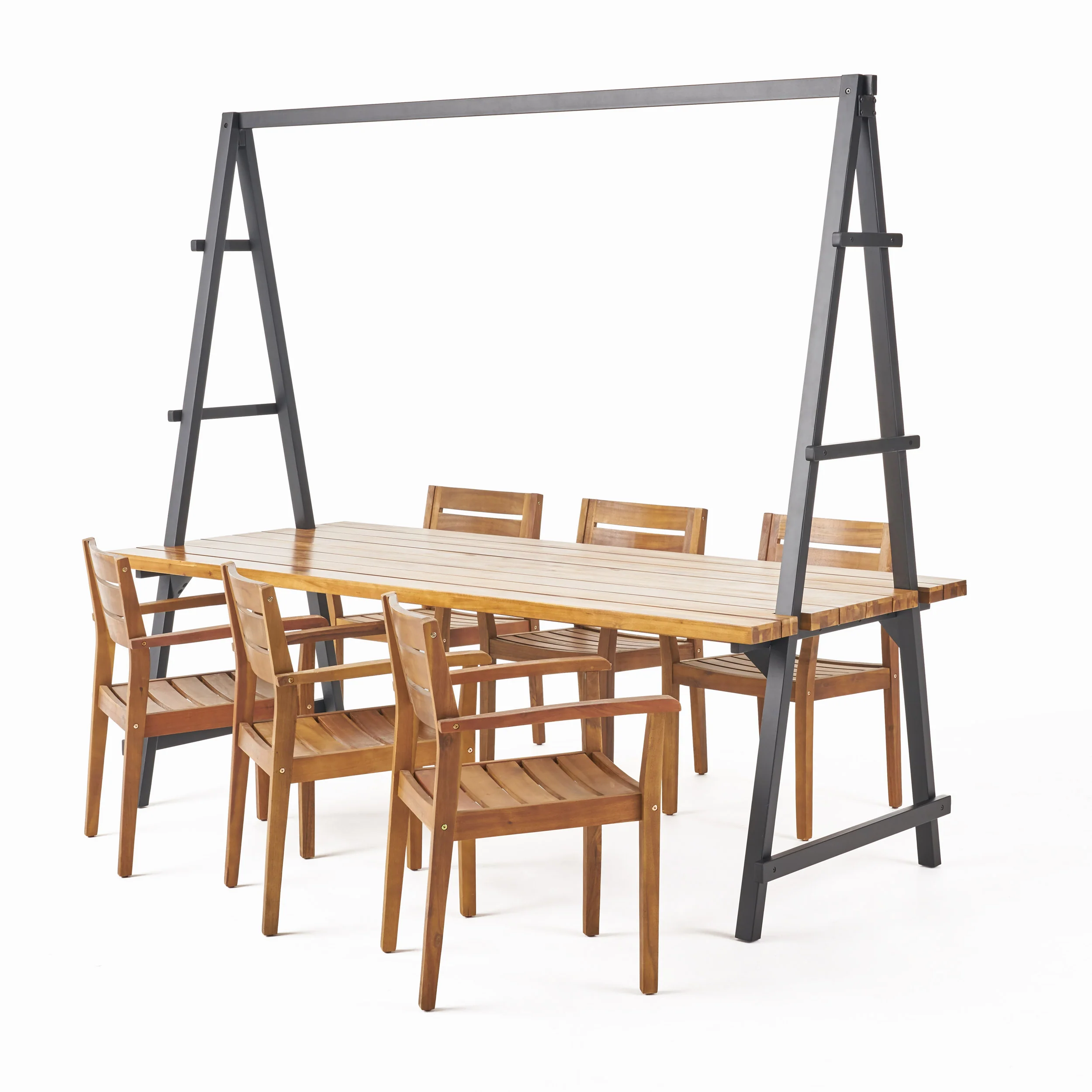 Kinley Outdoor Modern 6 Seater Acacia Wood and Iron Planter Dining Set - furnishings