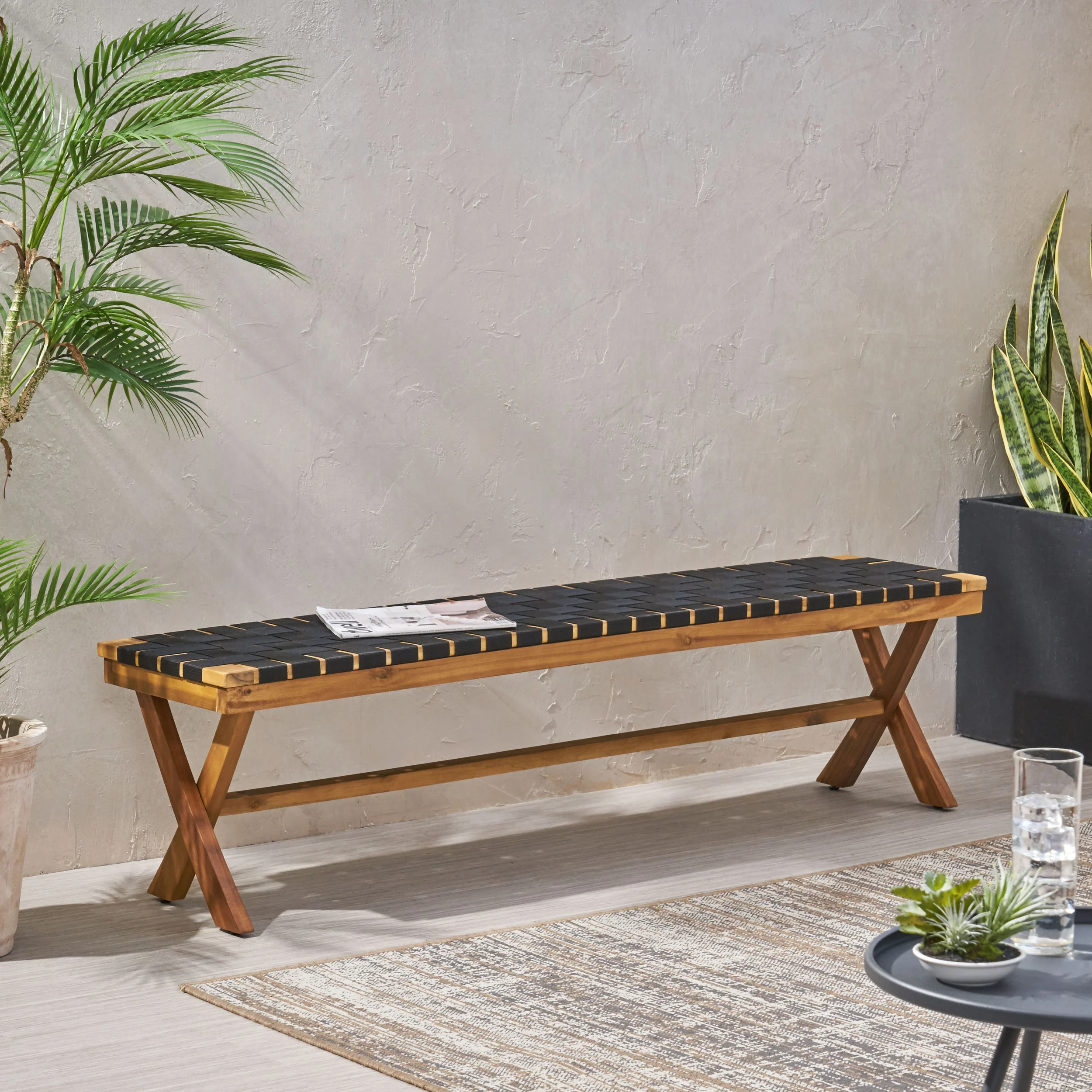 Angie Outdoor Acacia Wood Bench with Rope Seating - furnishings