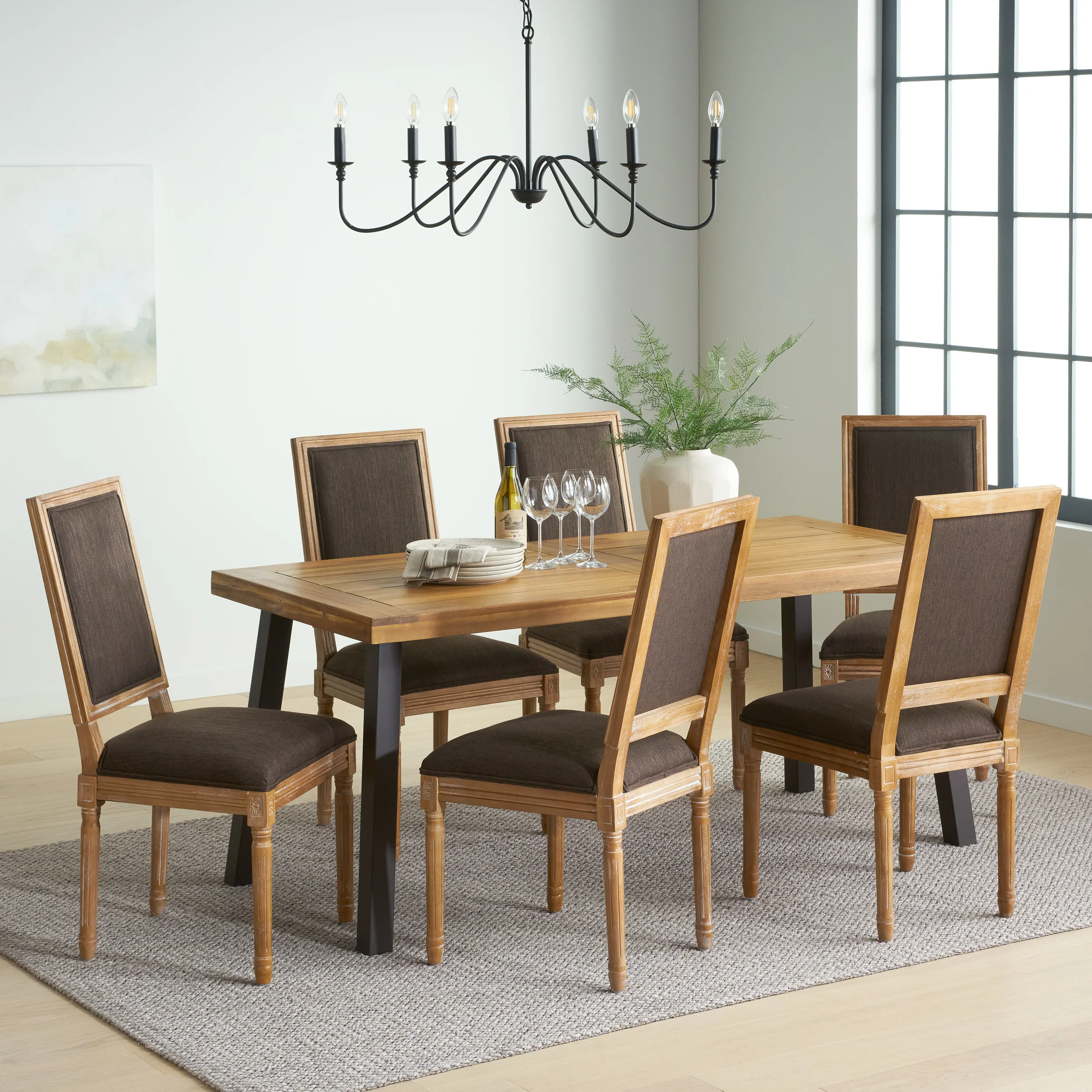 Tengren Farmhouse Fabric Upholstered Wood and Iron 7 Piece Dining Set - furnishings