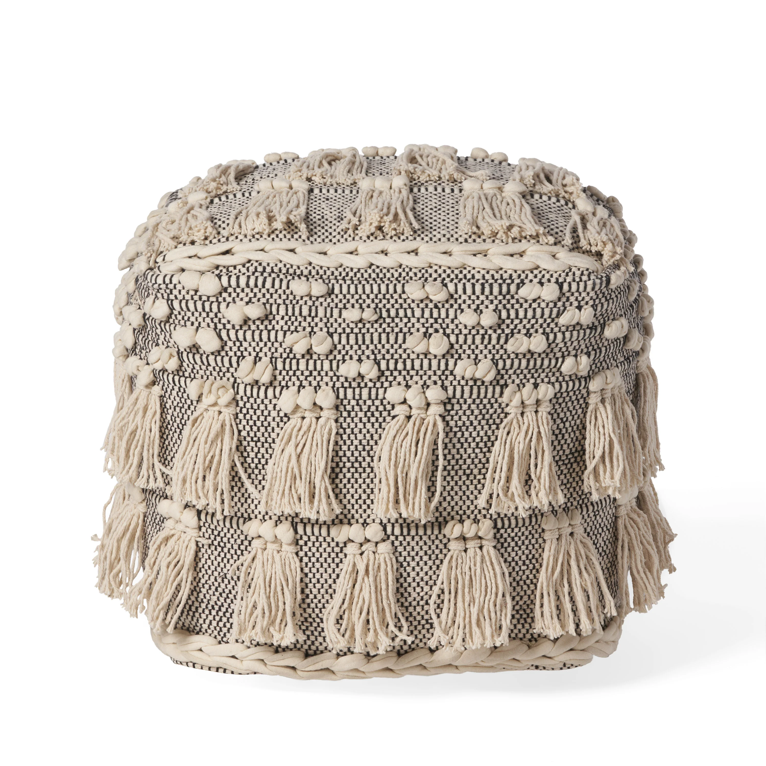 Arcola Handcrafted Boho Fabric Cube Pouf with Tassels - furnishings