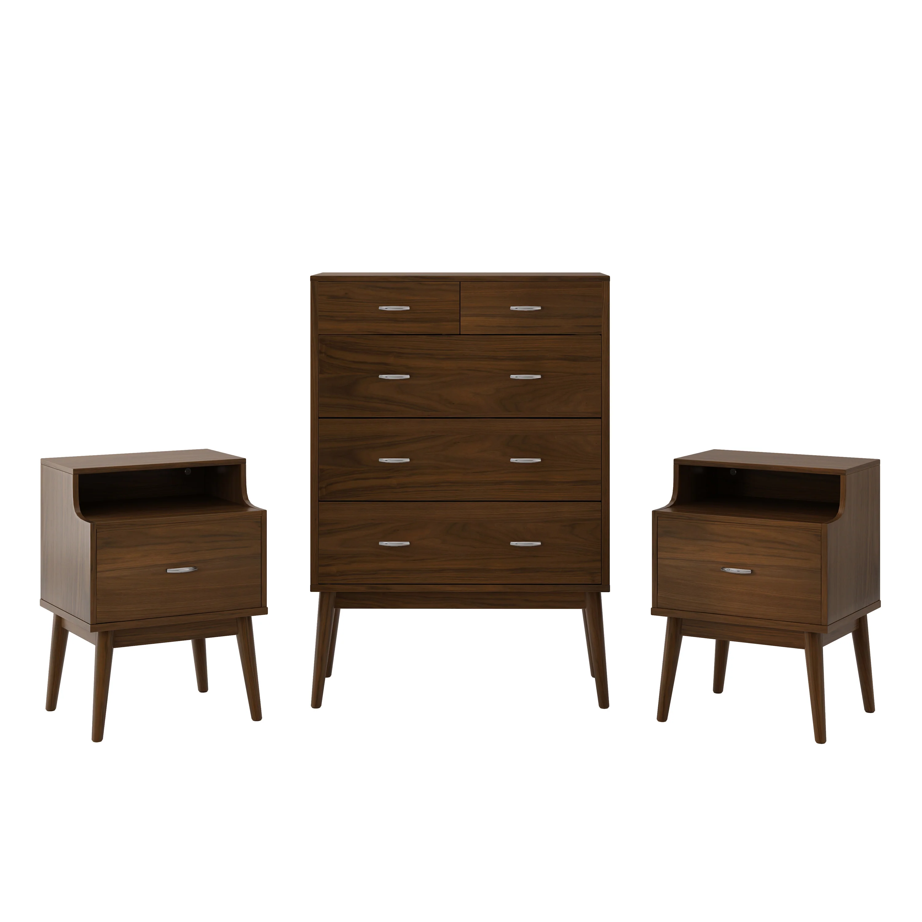 Wilbur Mid Century Wooden 3 Piece 5 Drawer Dresser and Nightstand Bedroom Set - furnishings