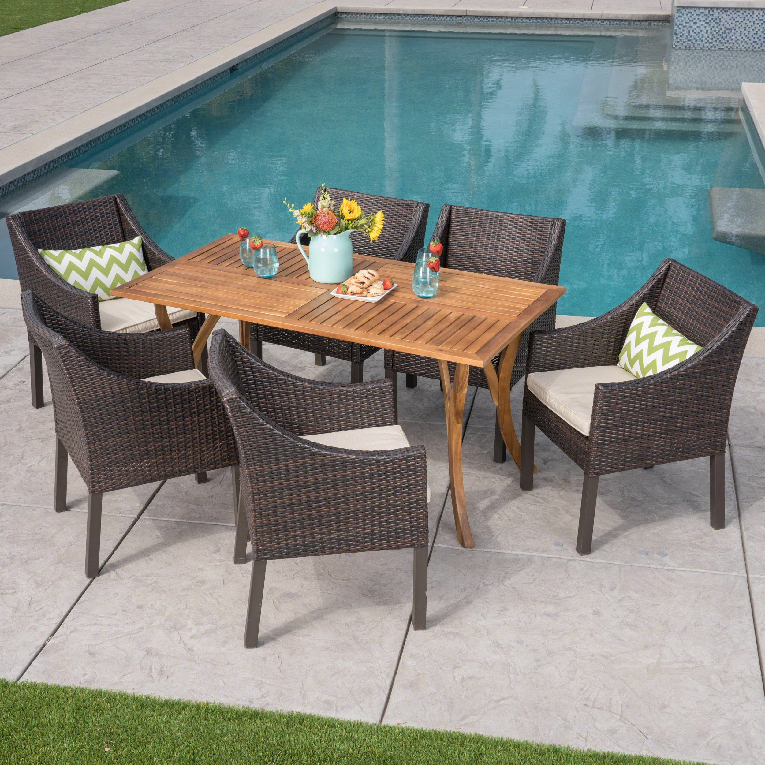 Abel Outdoor 7 Piece Acacia Wood/ Wicker Dining Set with Cushions, Teak Finish and Multibrown with Beige - furnishings