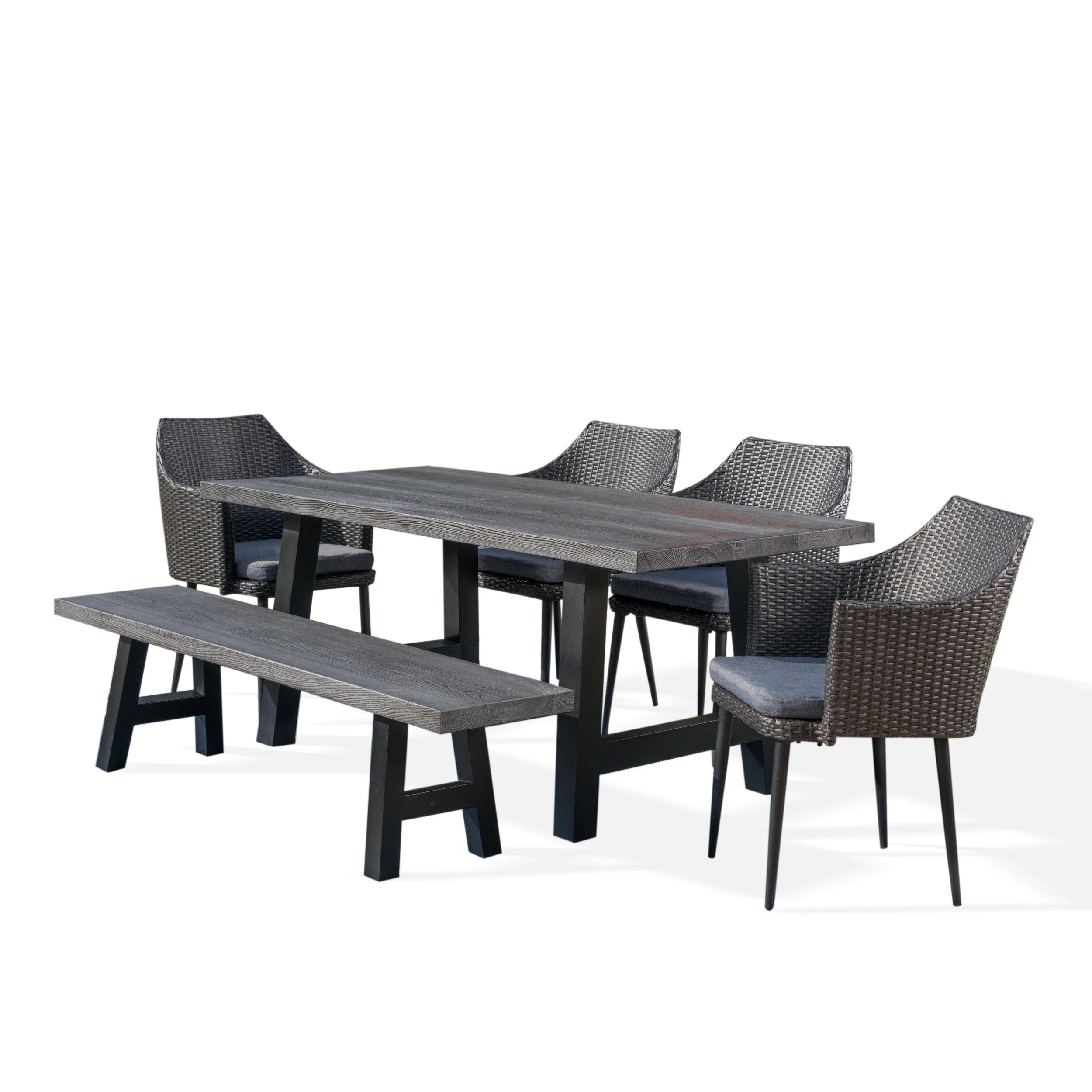 Blanche Outdoor 6 Piece Wicker Dining Set with Concrete Table and Bench - furnishings