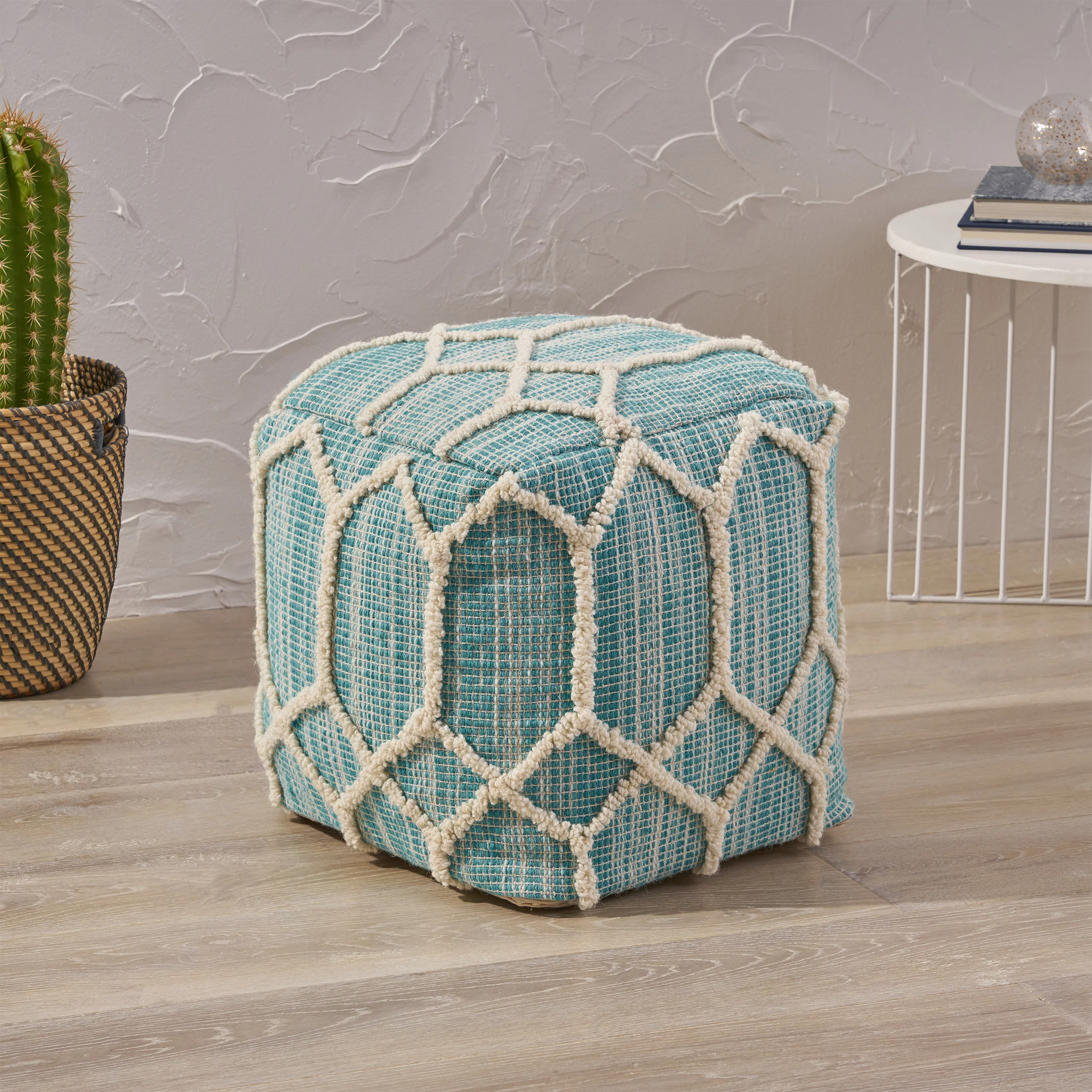 Erza Boho Wool and Cotton Ottoman Pouf - furnishings
