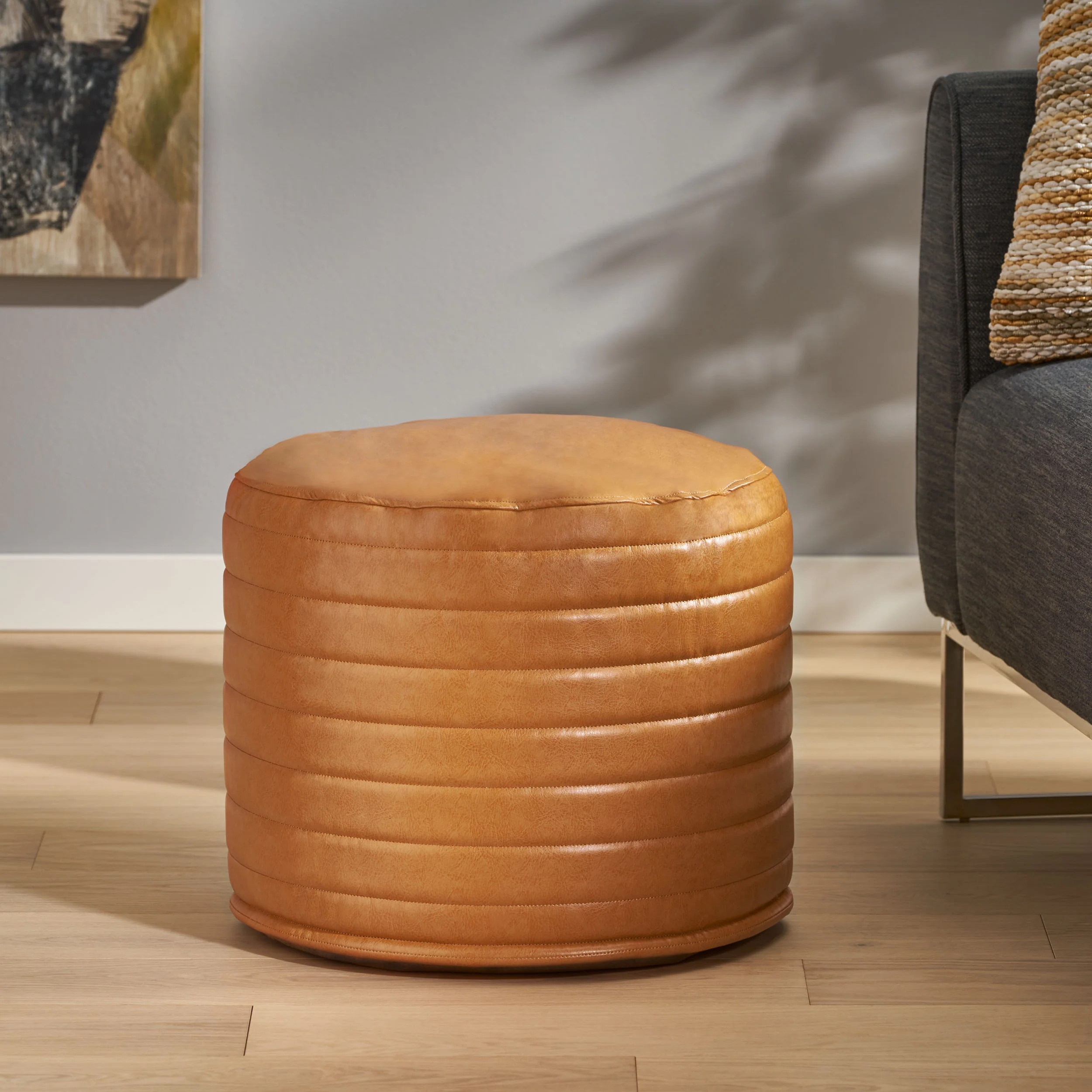 Conrail Contemporary Faux Leather Channel Stitch Pouf - furnishings