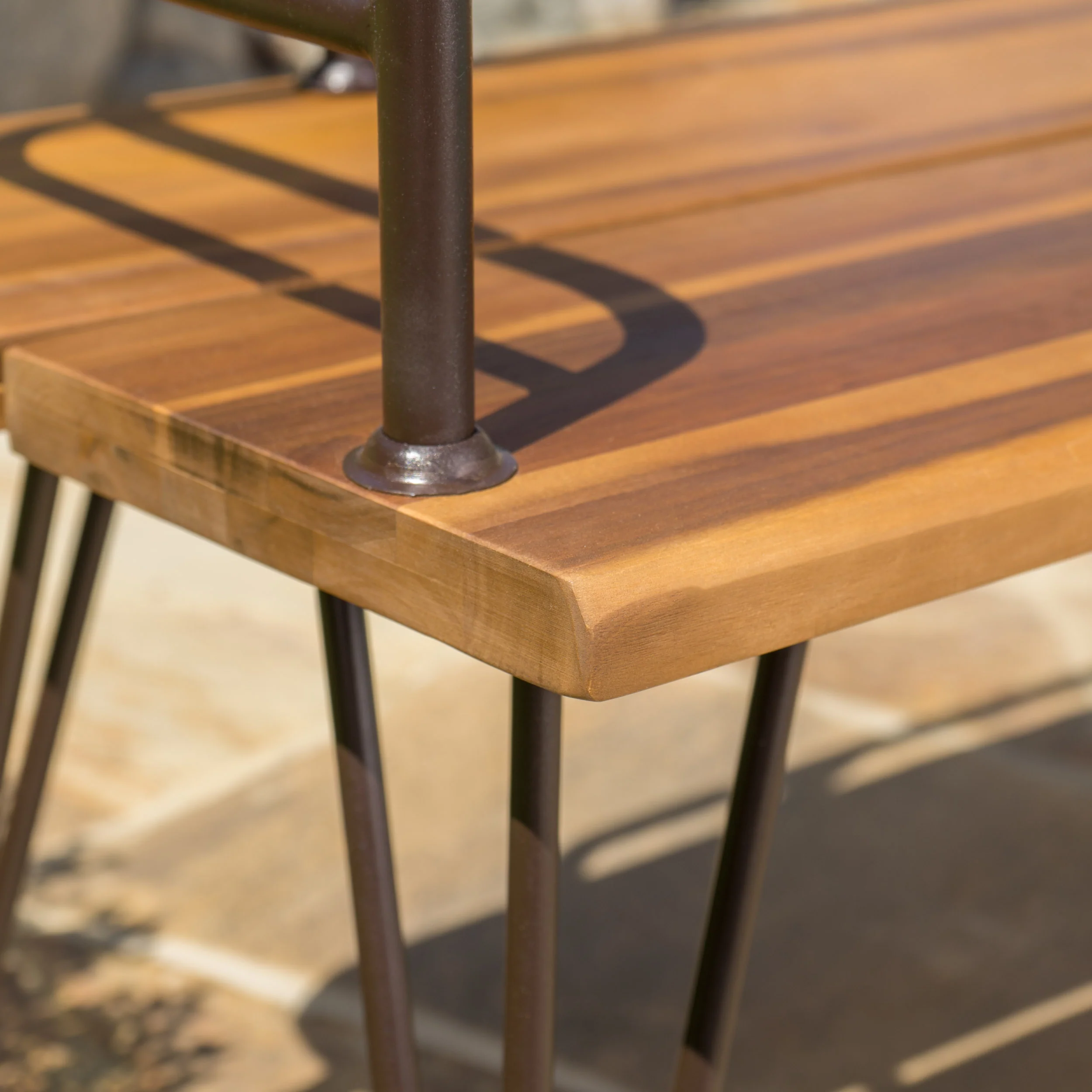 Avy Outdoor Rustic Industrial Acacia Wood Bench with Metal Hairpin Legs, Teak - furnishings
