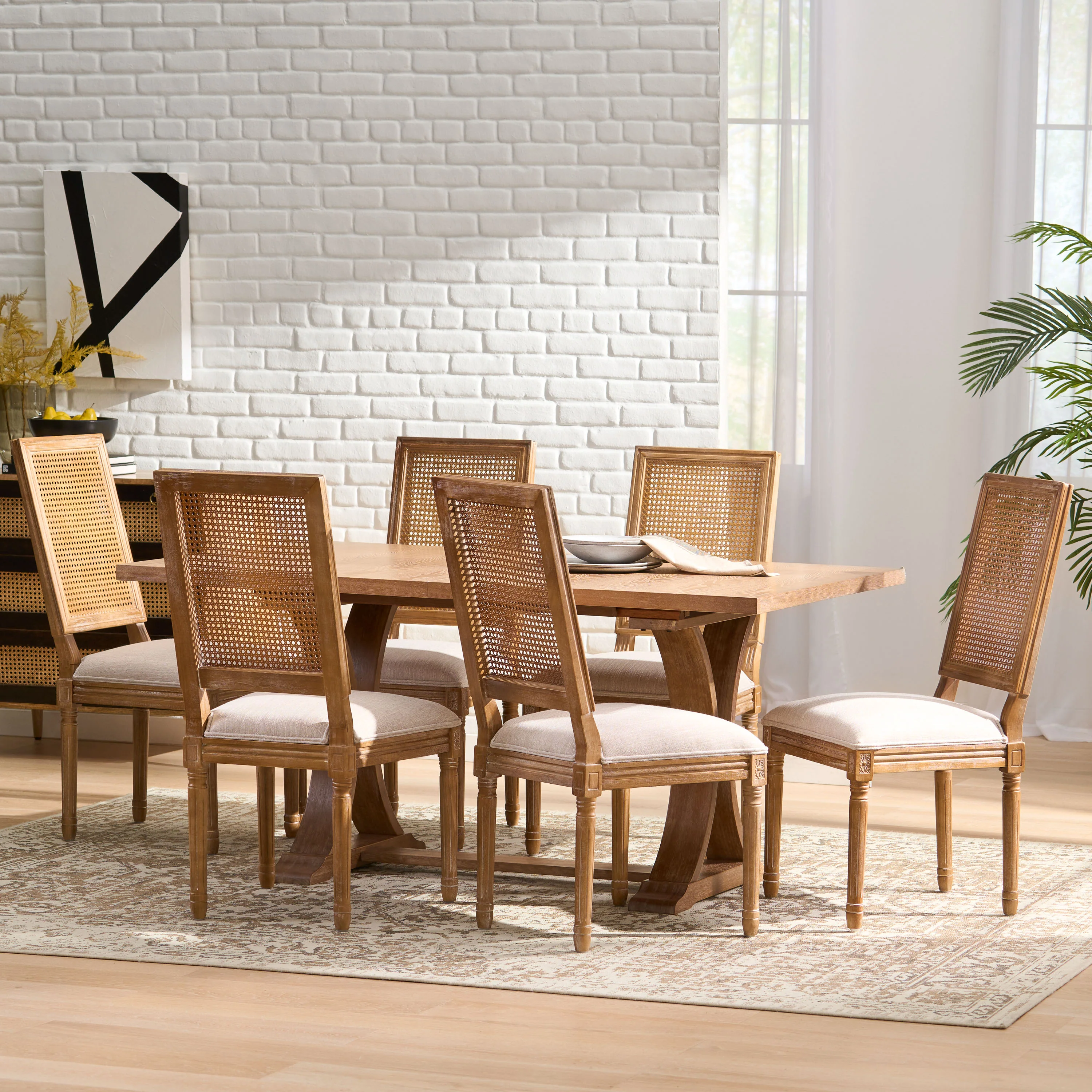 Brownell French Country Fabric Upholstered Wood and Cane 7 Piece Expandable Dining Set - furnishings