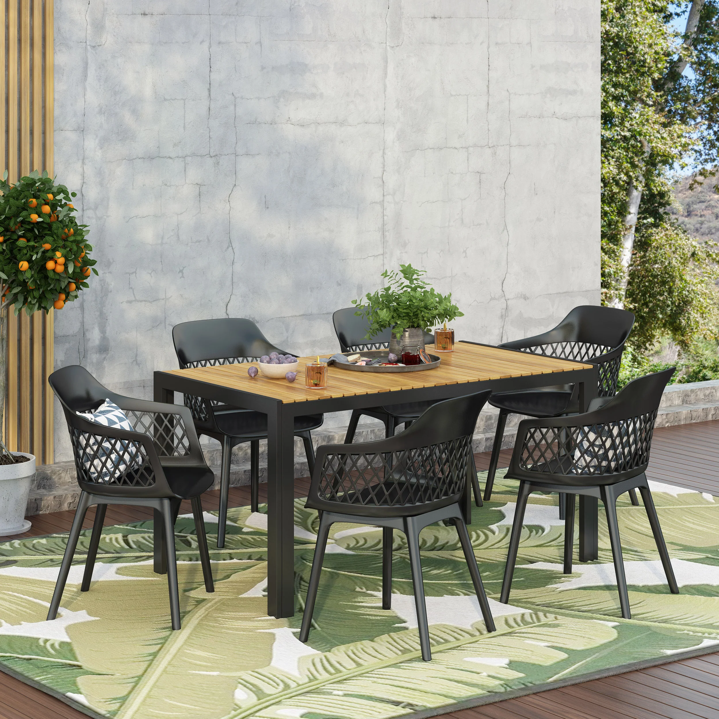 Airyanna Outdoor Wood and Resin 7 Piece Dining Set, Black and Teak - furnishings