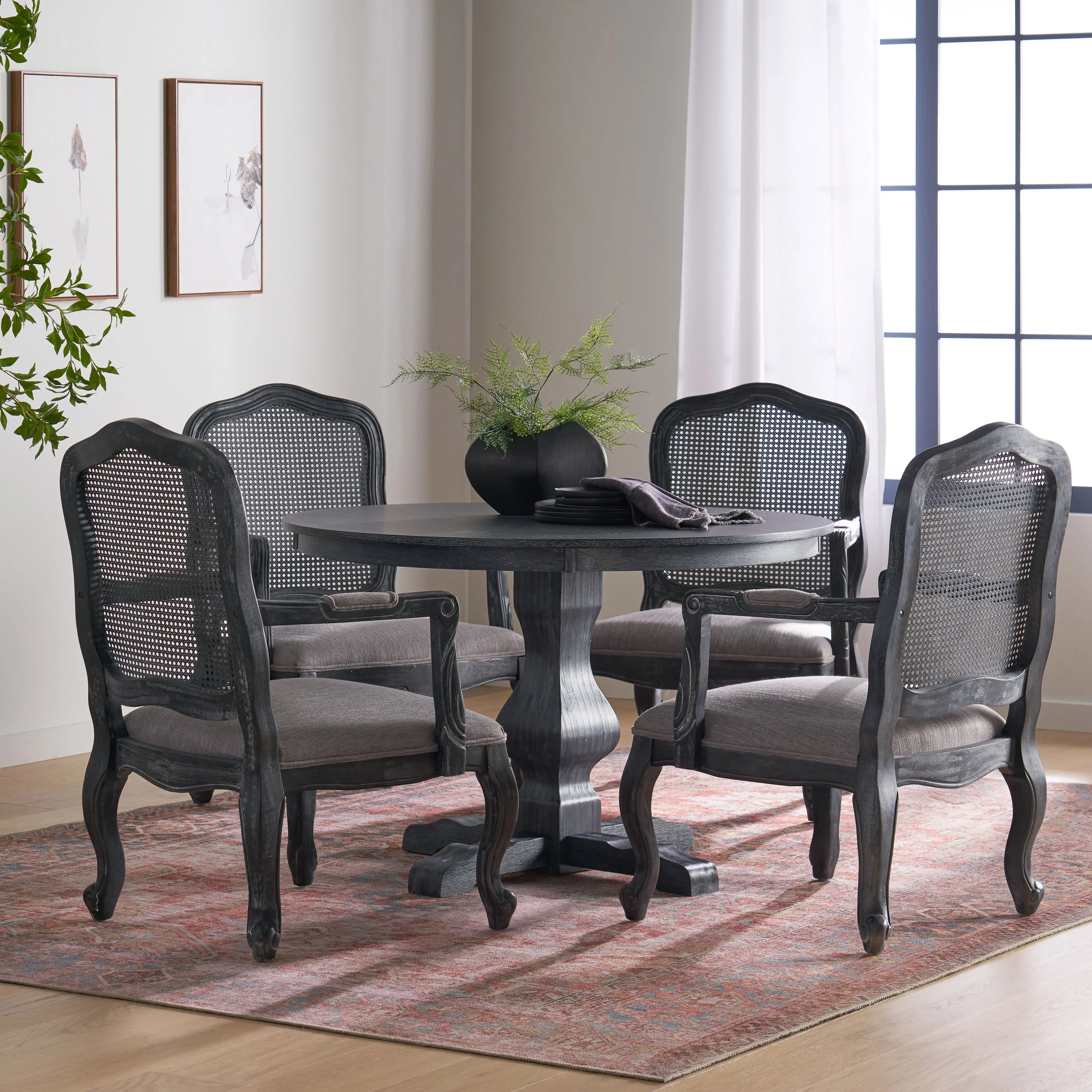 Absaroka French Country Fabric Upholstered Wood and Cane 5 Piece Circular Dining Set - furnishings