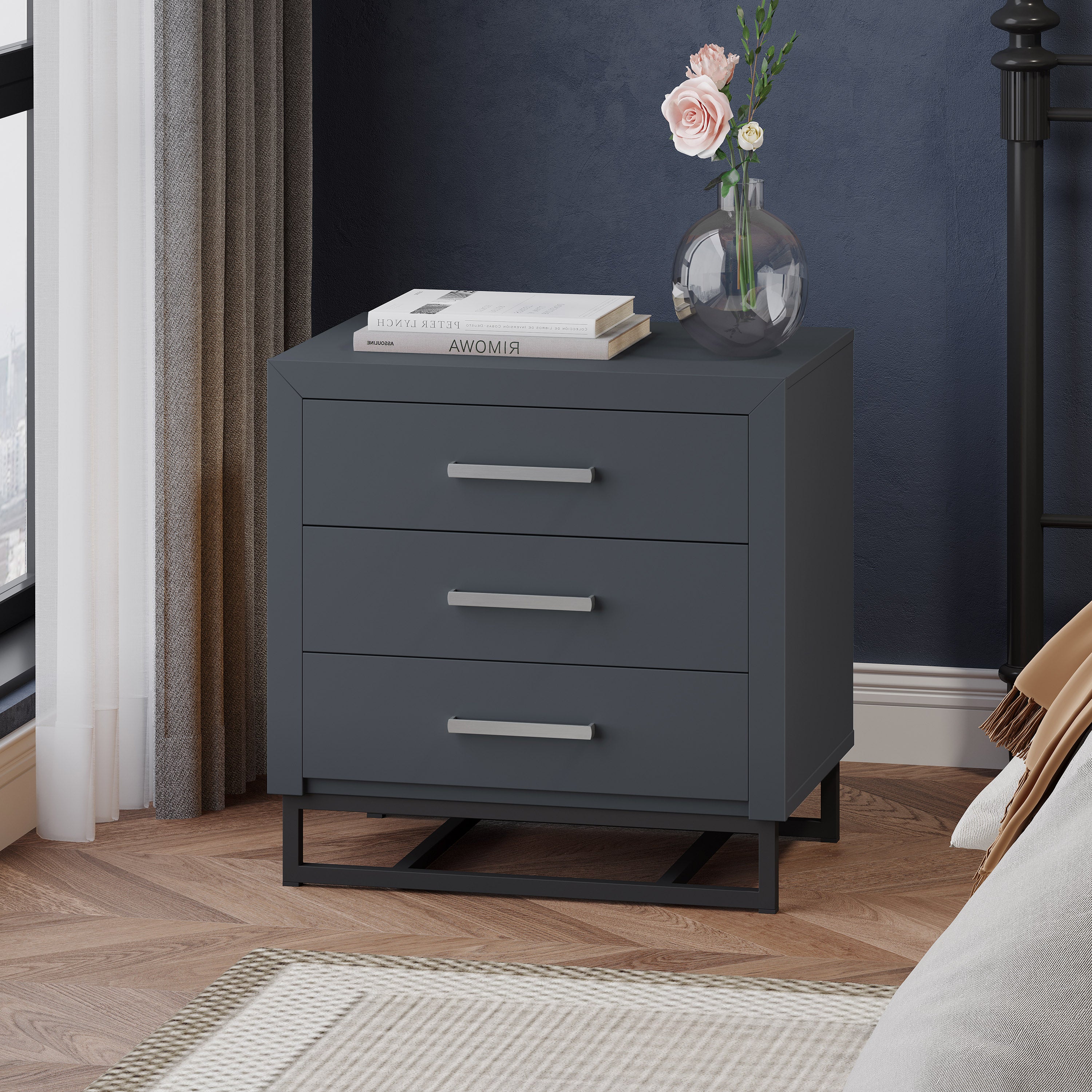 Borah Contemporary Faux Wood 3 Drawer Nightstand, Set of 2 - furnishings