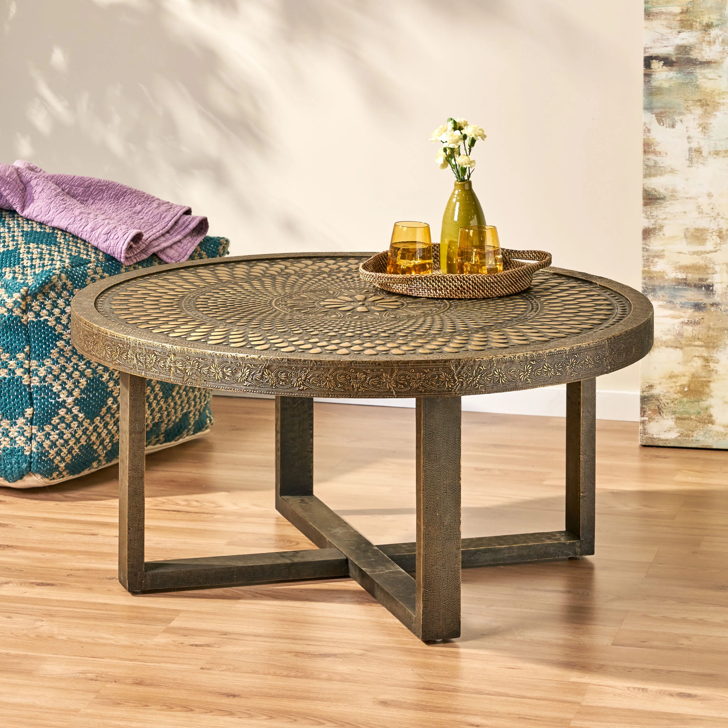 Soperton Cohutta Boho Handcrafted Embossed Coffee Table, Gold - furnishings