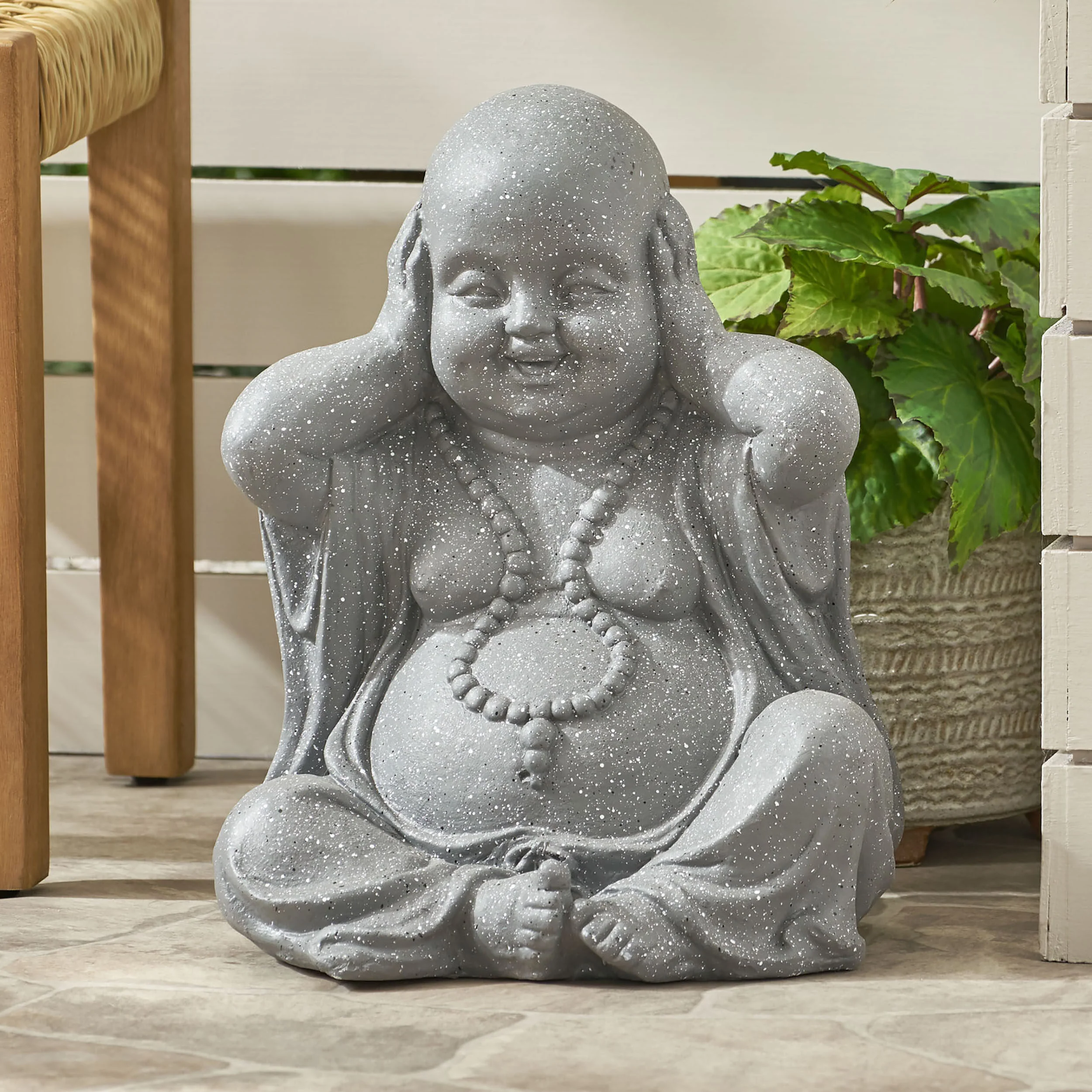 Conneaut Outdoor Hear No Evil Monk Garden Statue, Stone Gray - furnishings