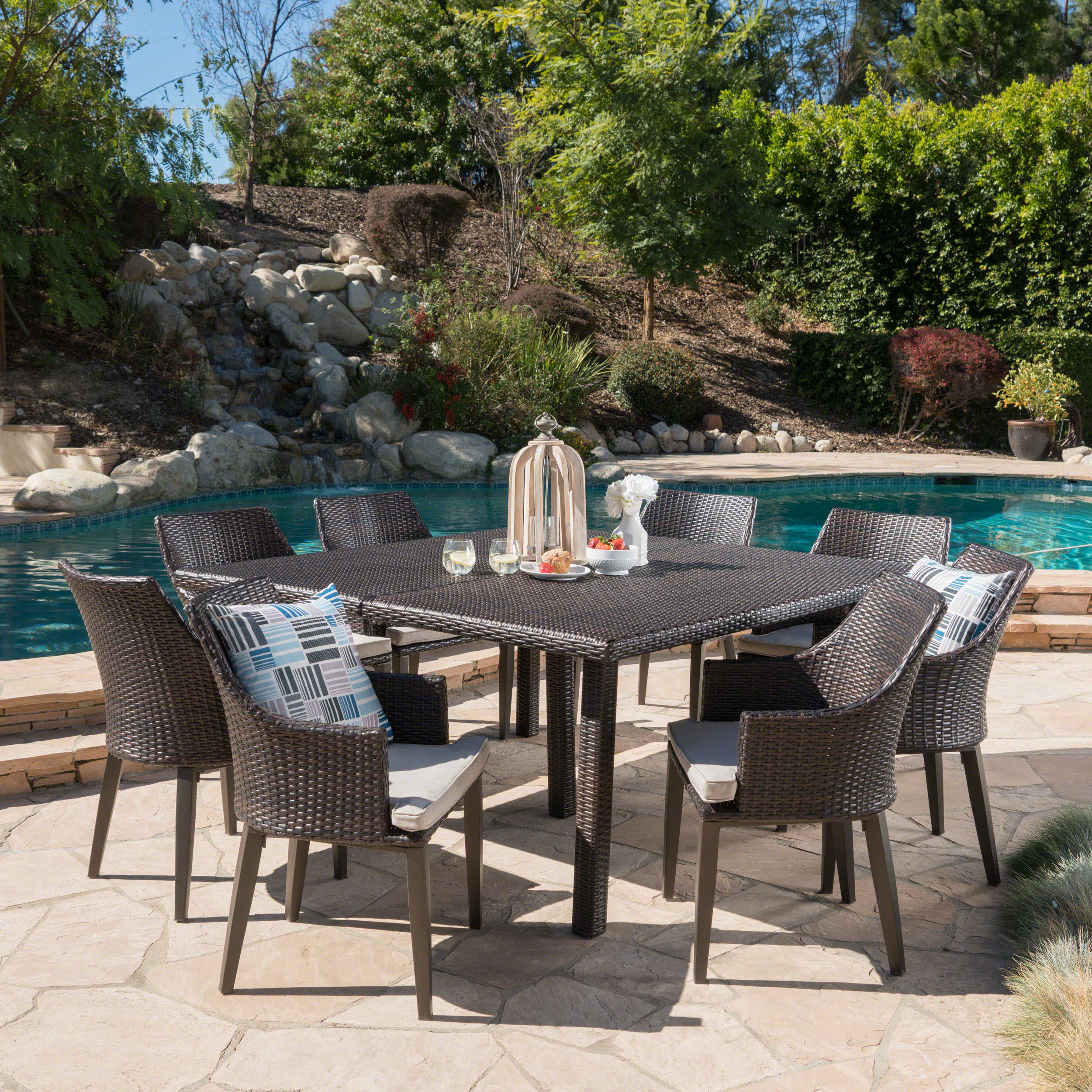 Bheleso Outdoor 9 Piece Wicker Dining Set with Light Water Resistant Cushions - furnishings