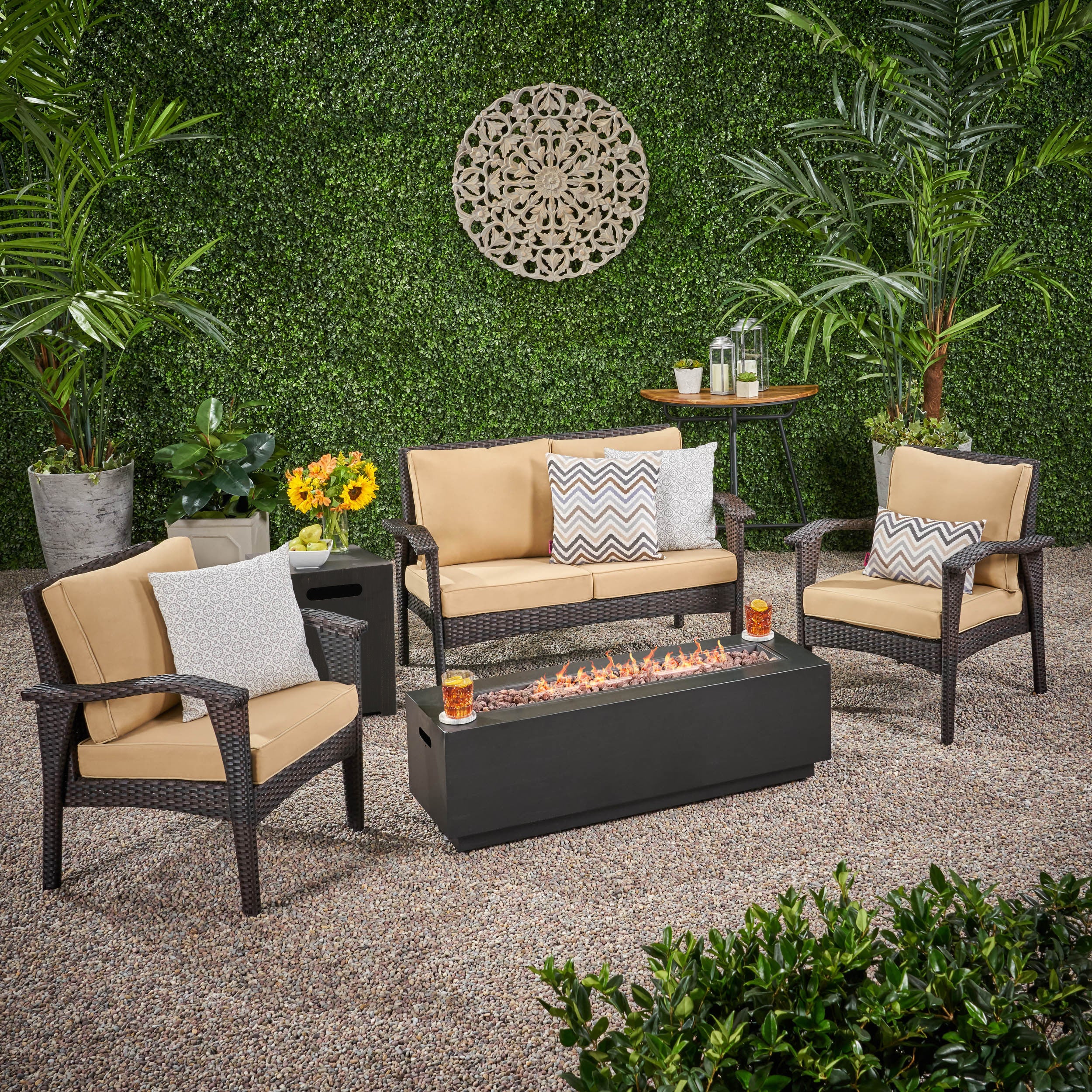Azariyah Outdoor 4 Seater Wicker Chat Set with Fire Pit - furnishings