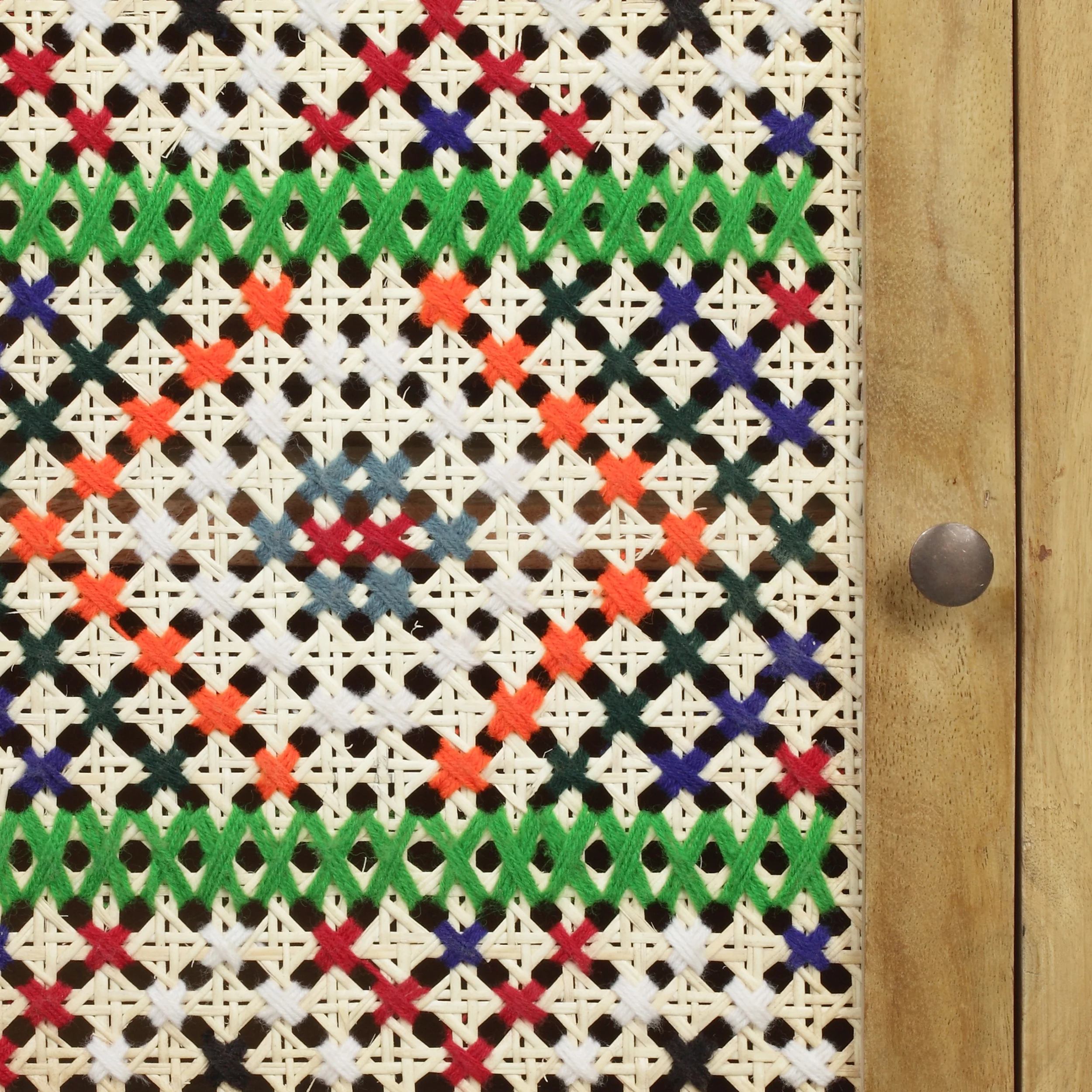 Reser Boho Handcrafted Mango Wood Nightstand with Wool Accents, Natural and Multi-Colored - furnishings