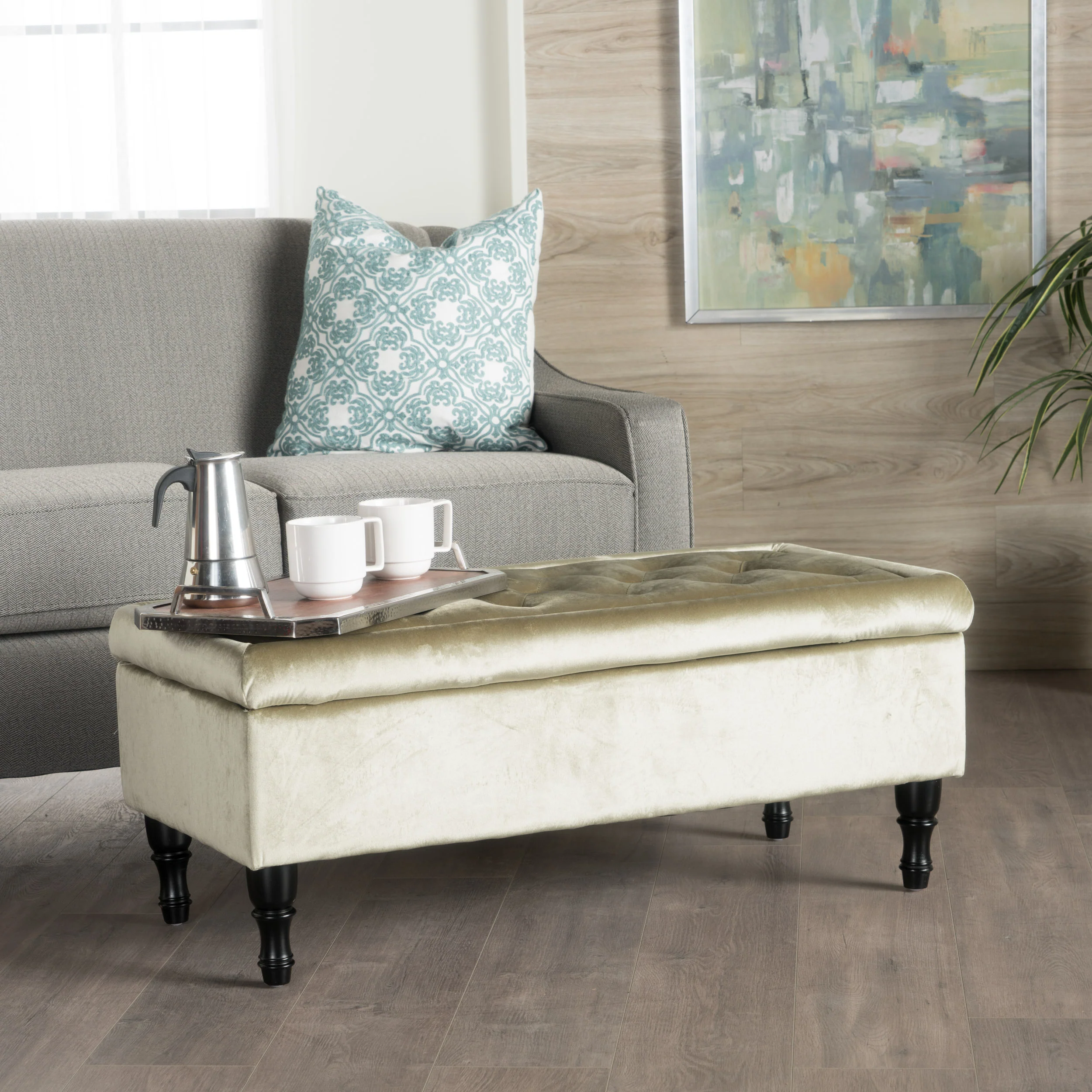 Constance Button Tufted Fabric Rectangle Storage Ottoman Bench w/ Turned Legs - furnishings