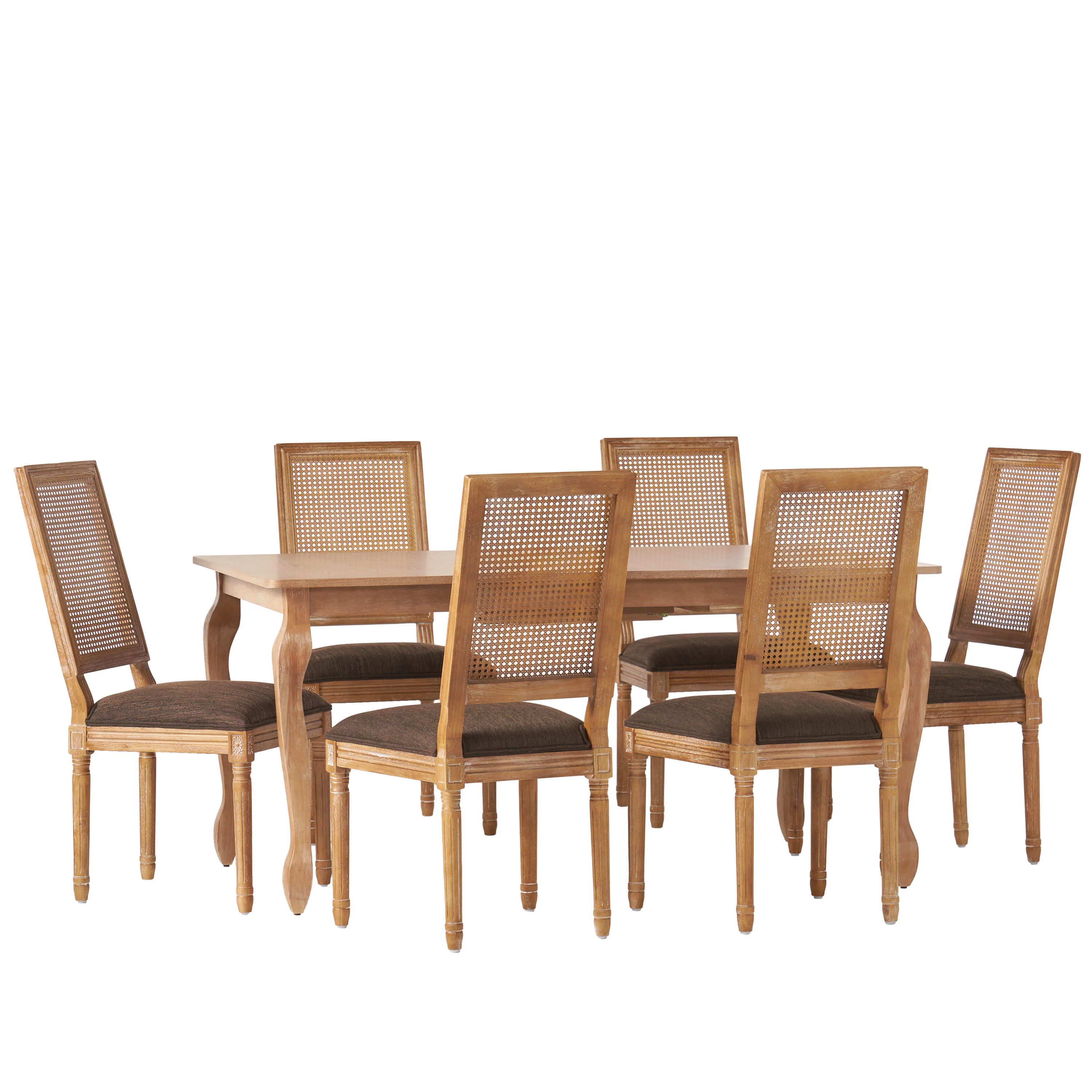 Fernleaf French Country Fabric Upholstered Wood and Cane Expandable 7 Piece Dining Set - furnishings