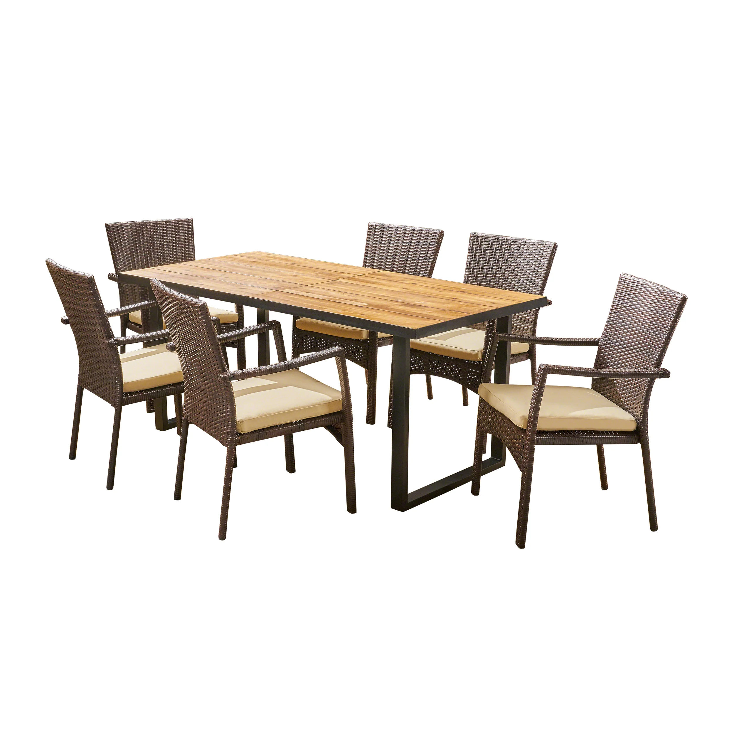 Perlestl Outdoor 6-Seater Rectangular Acacia Wood and Wicker Dining Set, Teak with Black and Brown with Cream - furnishings