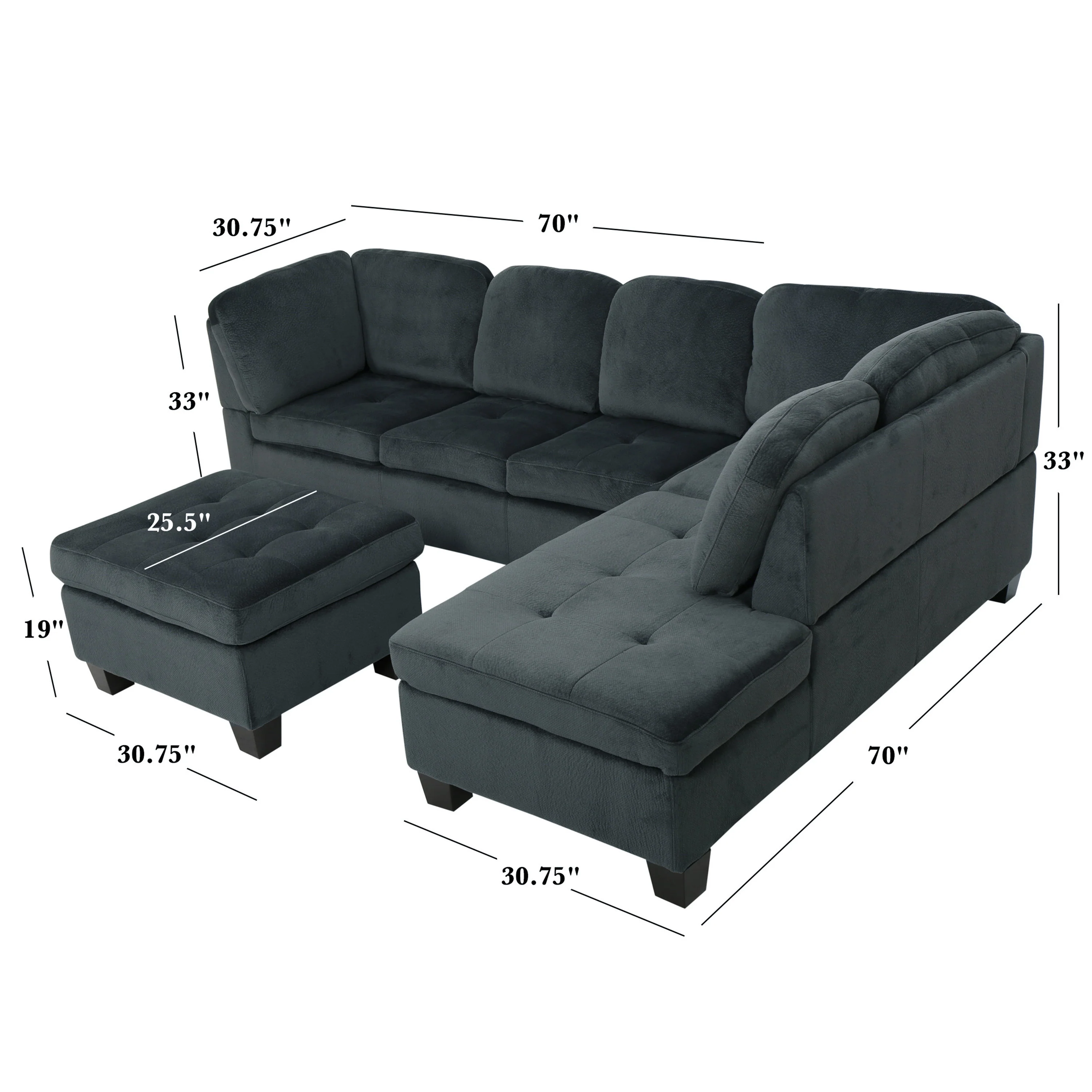 Gotham 3-piece Charcoal Fabric Sectional Sofa Set - furnishings