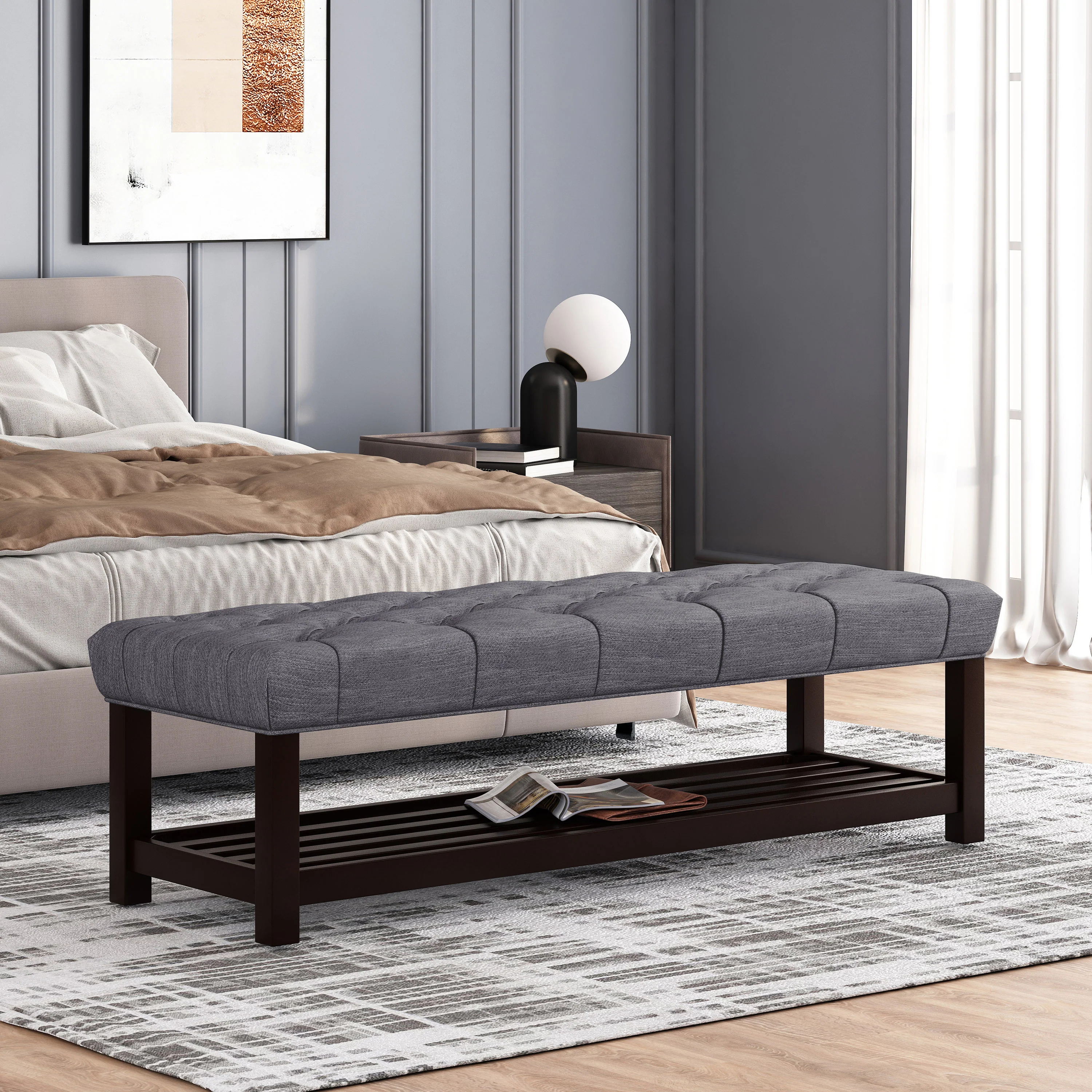 Pelon Contemporary Button Tufted Bench with Shelf - furnishings