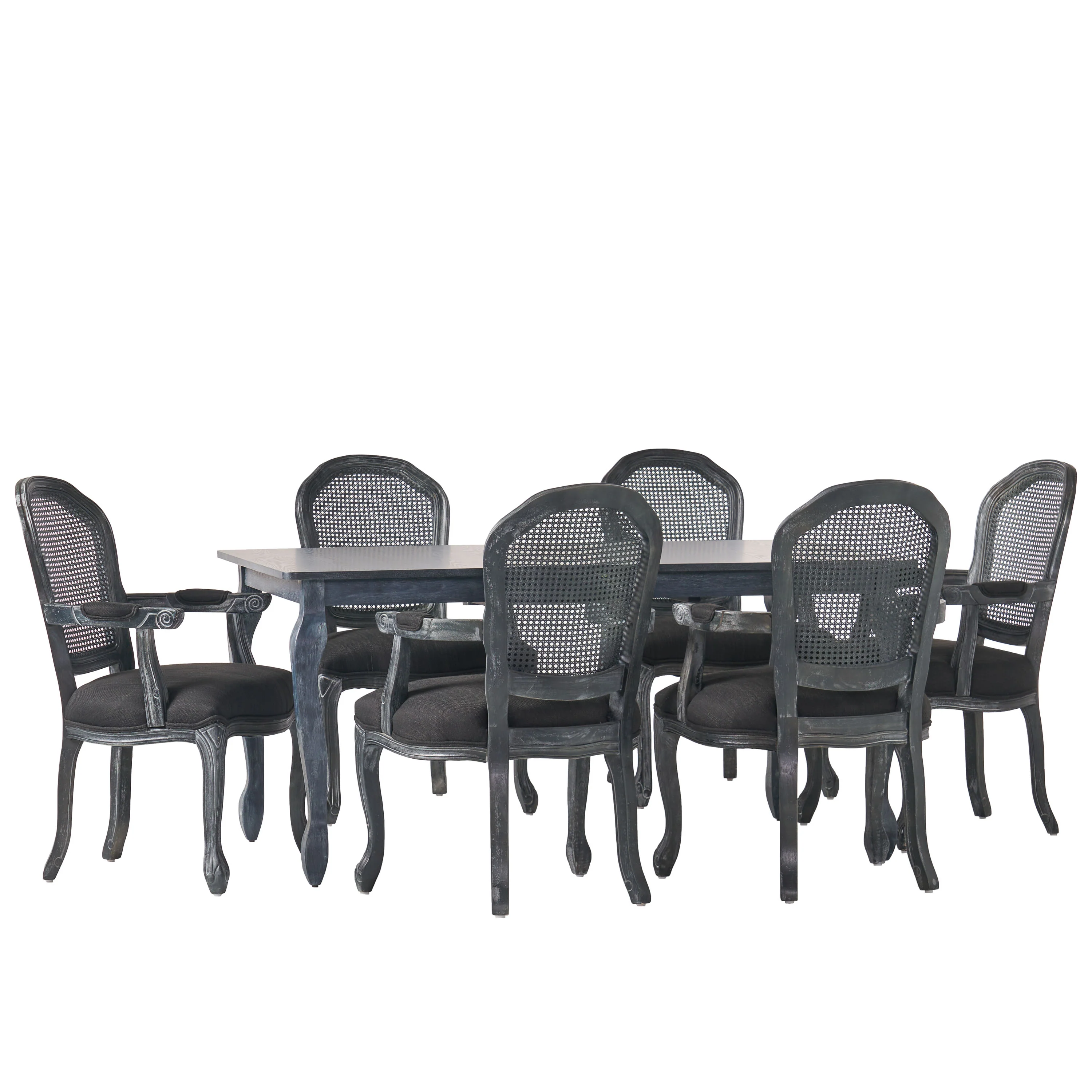 Fescue French Country Fabric Upholstered Wood and Cane Expandable 7 Piece Dining Set - furnishings