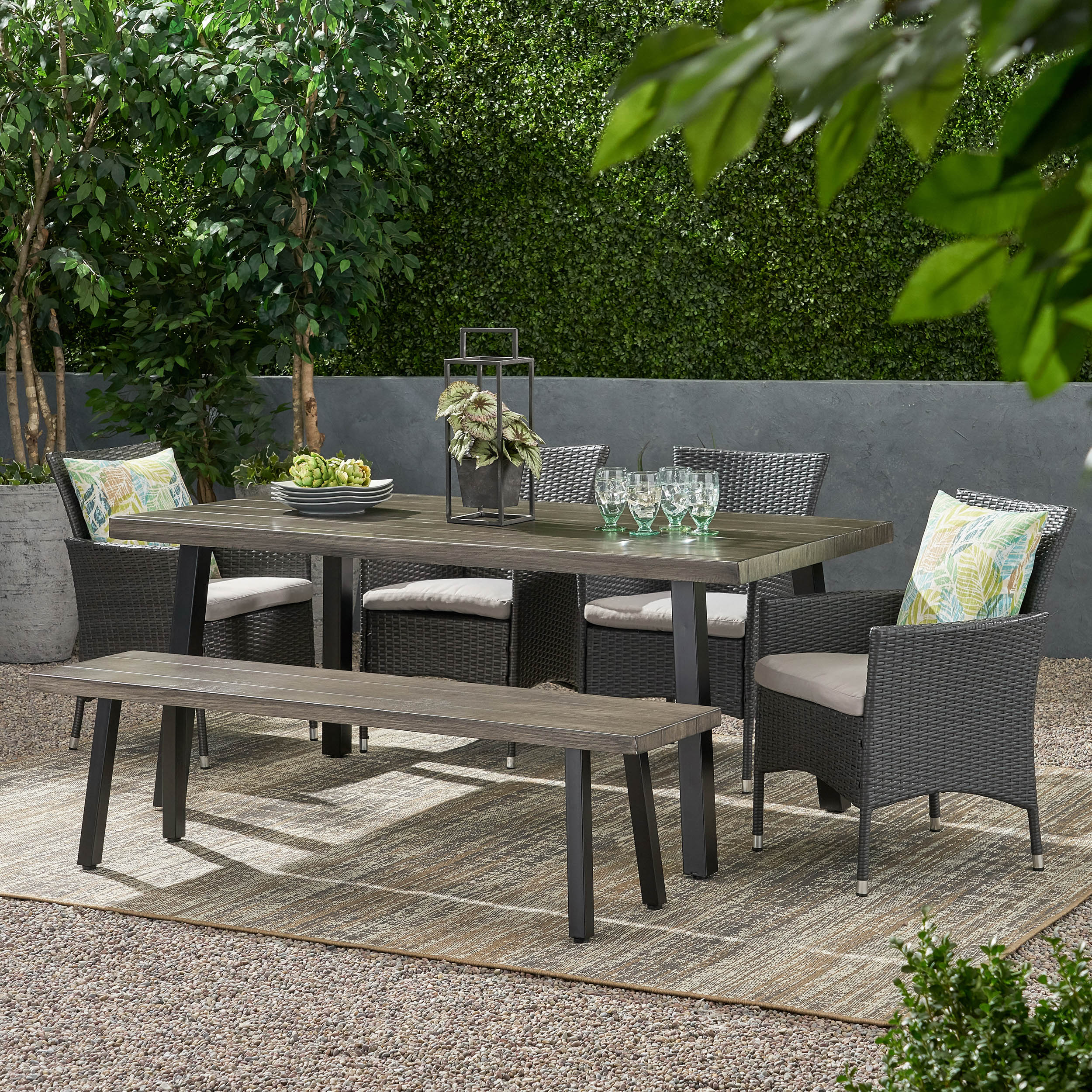 Altair Outdoor 6 Piece Aluminum Dining Set with Bench - furnishings