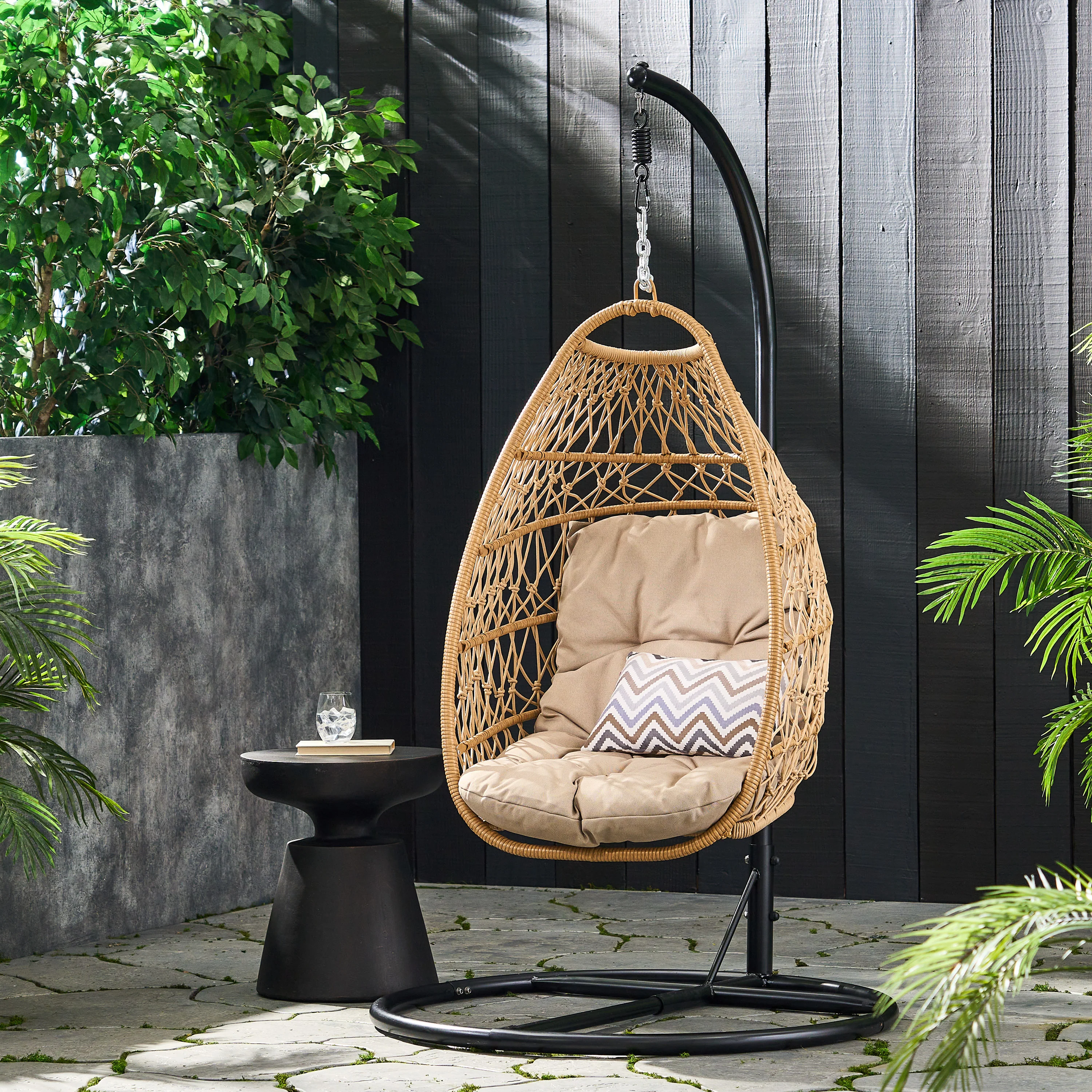Coloma Outdoor Wicker and Rope Foldable Hanging Chair with Stand - furnishings