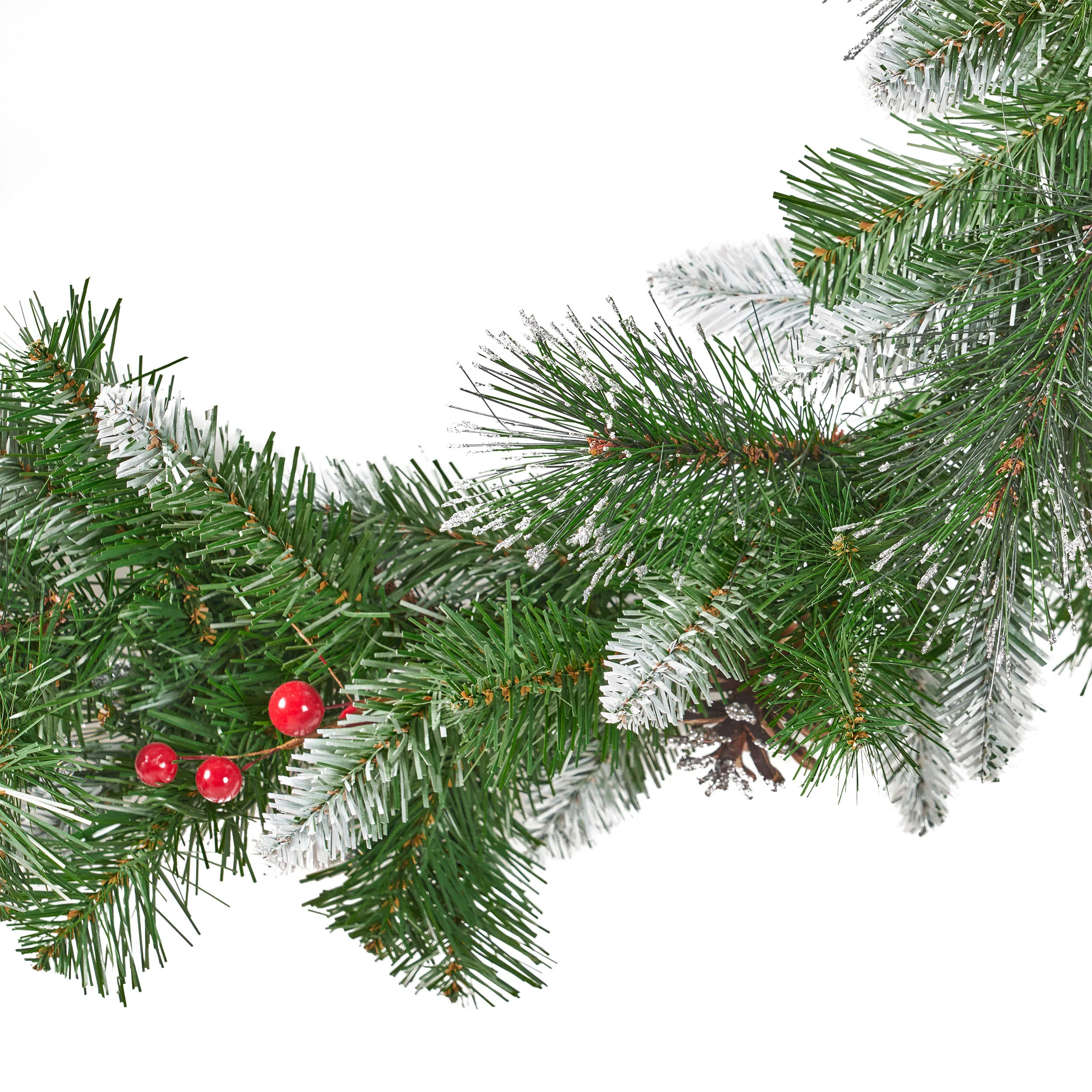 9-foot Mixed Spruce Pre-Lit Warm White LED Artificial Christmas Garland with Glitter Branches, Red Berries and Pinecones - furnishings