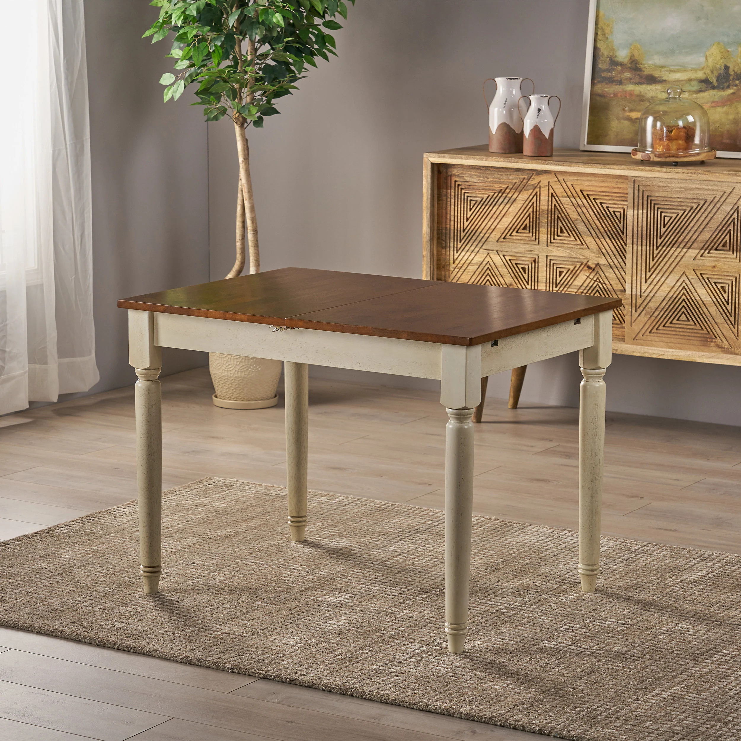 Broughton Rustic Wood Dining Table with Extendable Leaf, Dark Oak and Antique White - furnishings