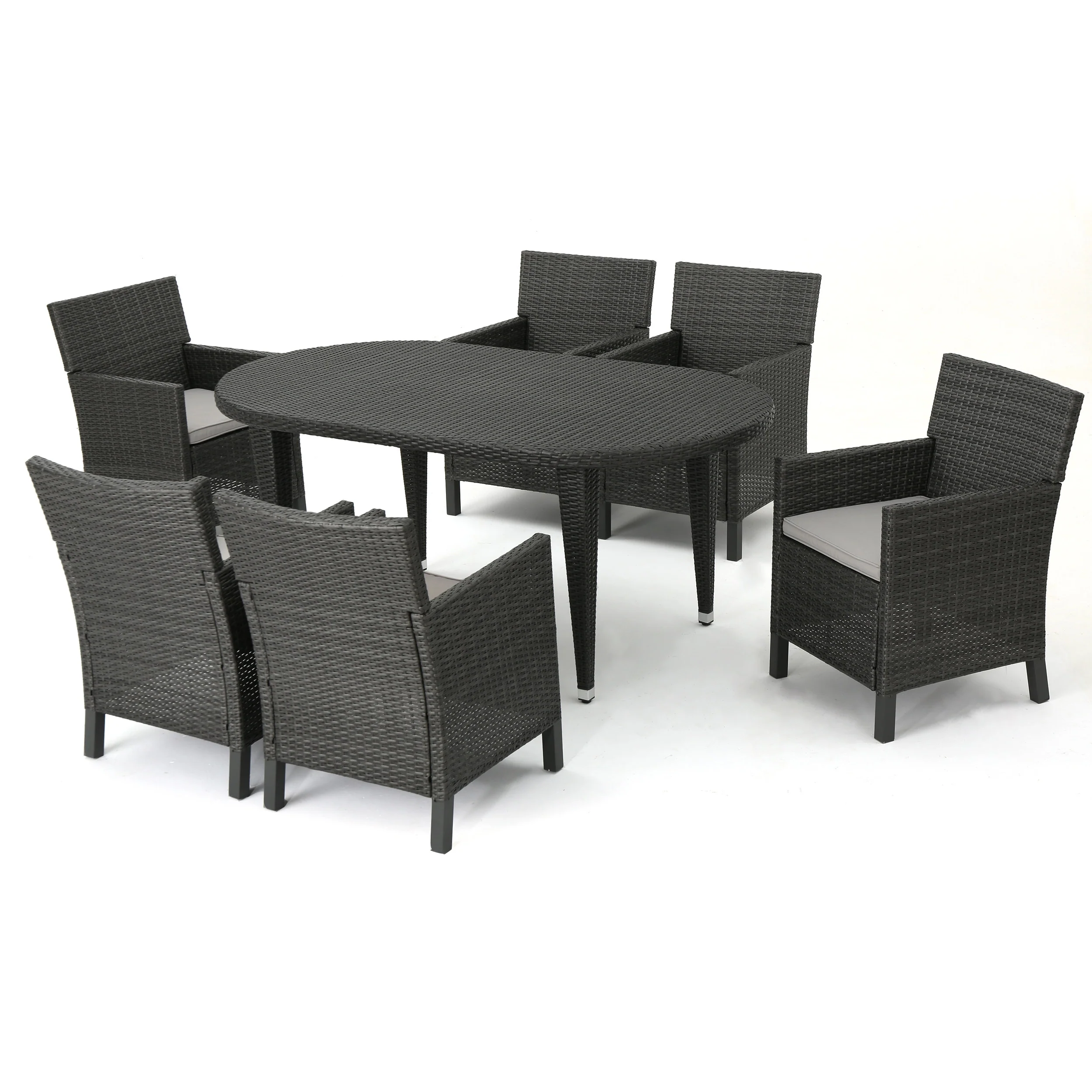 Crete Outdoor 7 Piece Wicker Oval Dining Set with Water Resistant Cushions - furnishings