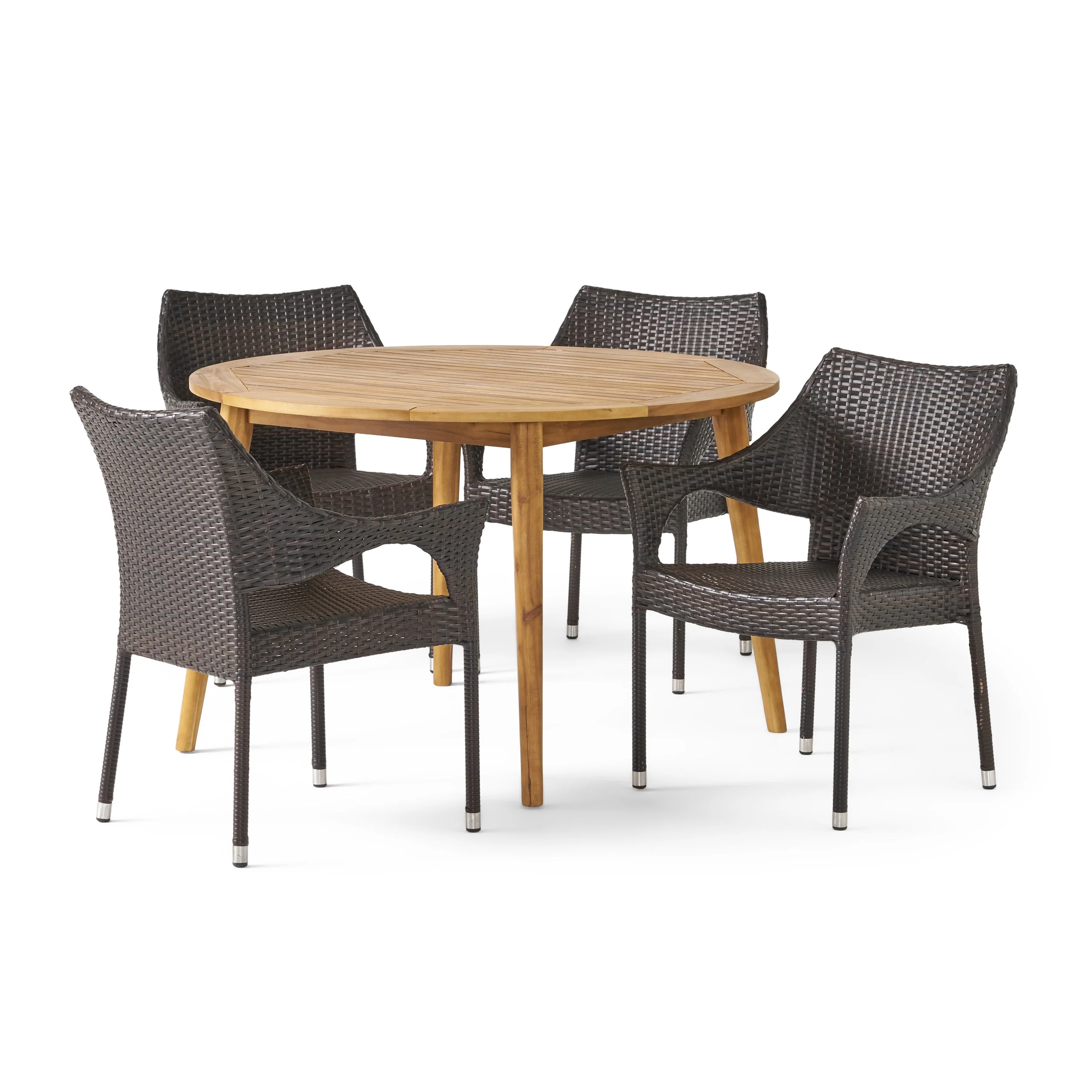 Nix Outdoor 5 Piece Wicker Dining Set with Round Acacia Wood Slat Top Table - furnishings