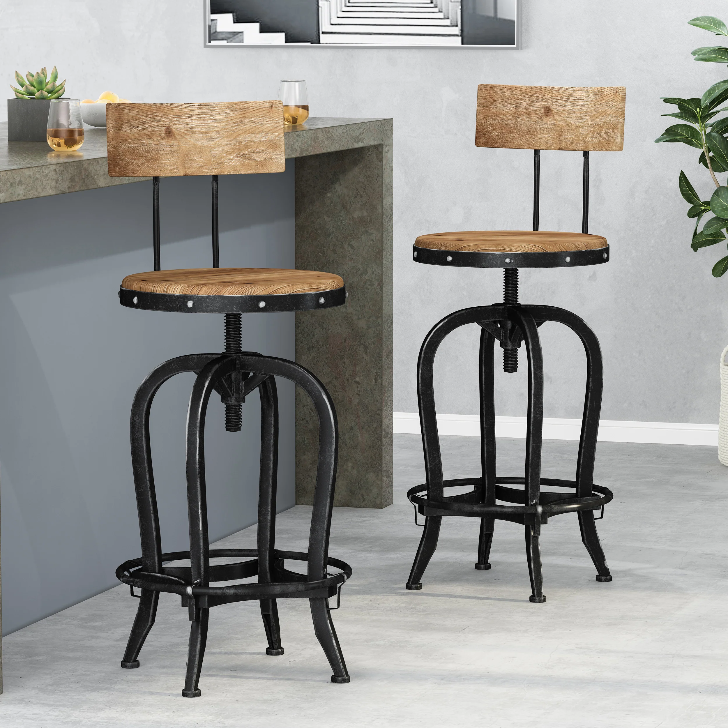 Pineview Modern Industrial Firwood Adjustable Height Swivel Barstools, Set of 2, Natural and Black Brushed Silver - furnishings