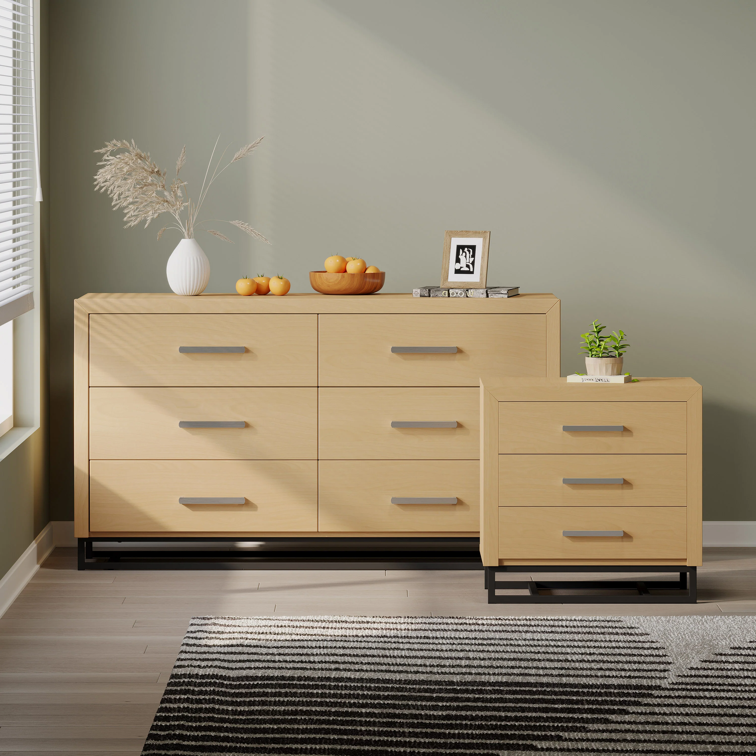 Borah Contemporary Faux Wood 2 Piece Double Dresser and Nightstand Bedroom Set - furnishings