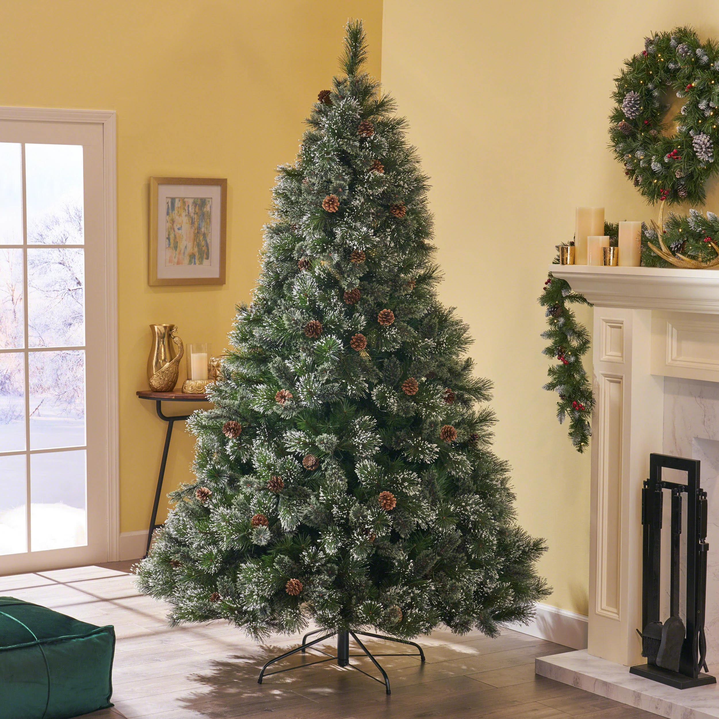 7.5-foot Cashmere Pine and Mixed Needles Hinged Artificial Christmas Tree with Snowy Branches and Pinecones - furnishings