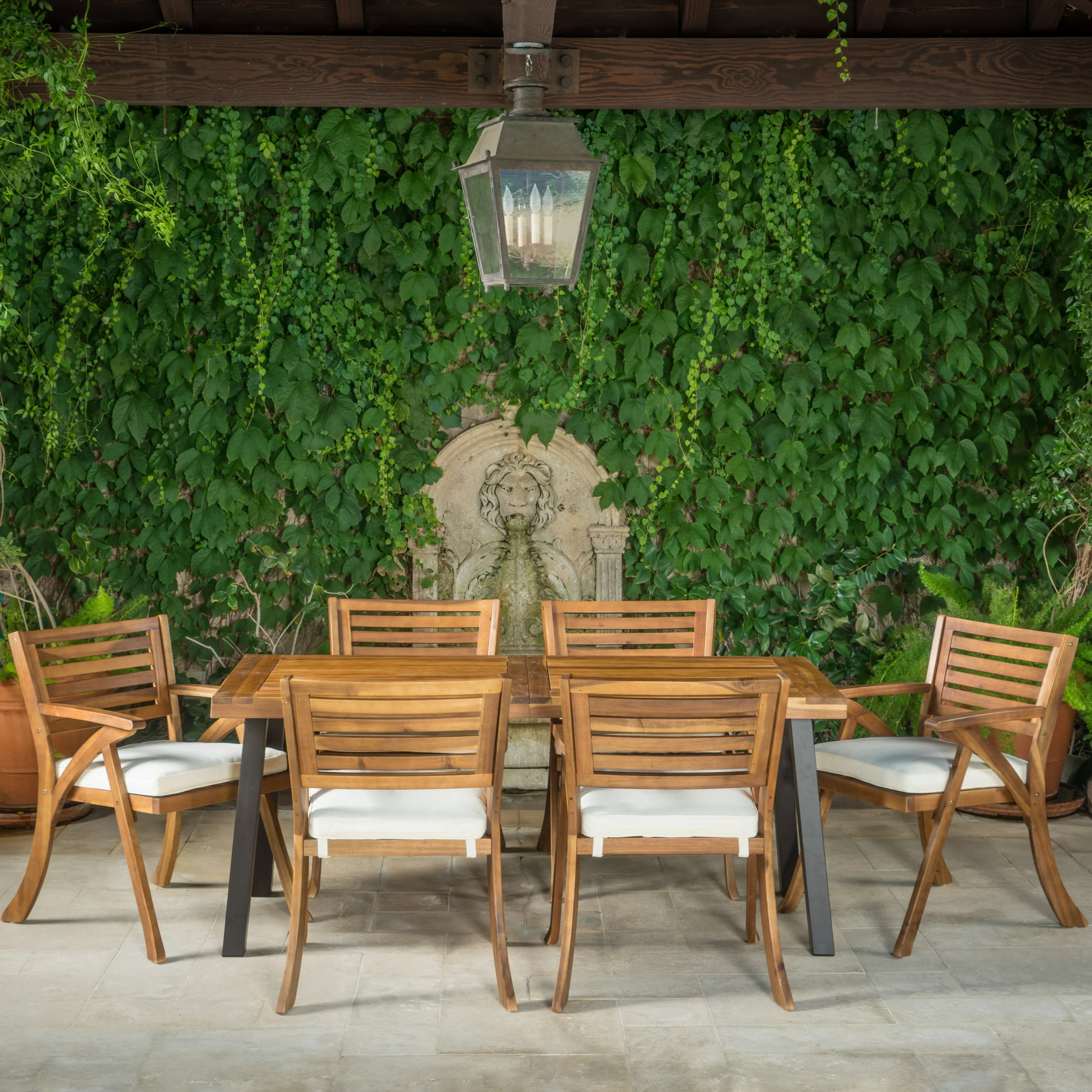 DeSoto 7 Piece Teak Finish Acacia Wood Patio Dining Set - furnishings