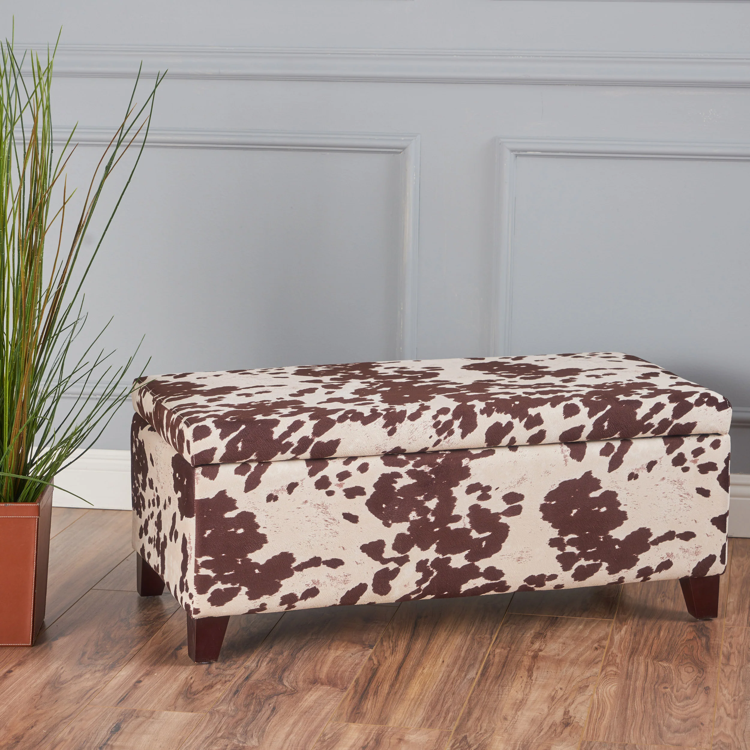 Brianna Rectangle Cow Print Velvet Storage Ottoman Bench - furnishings