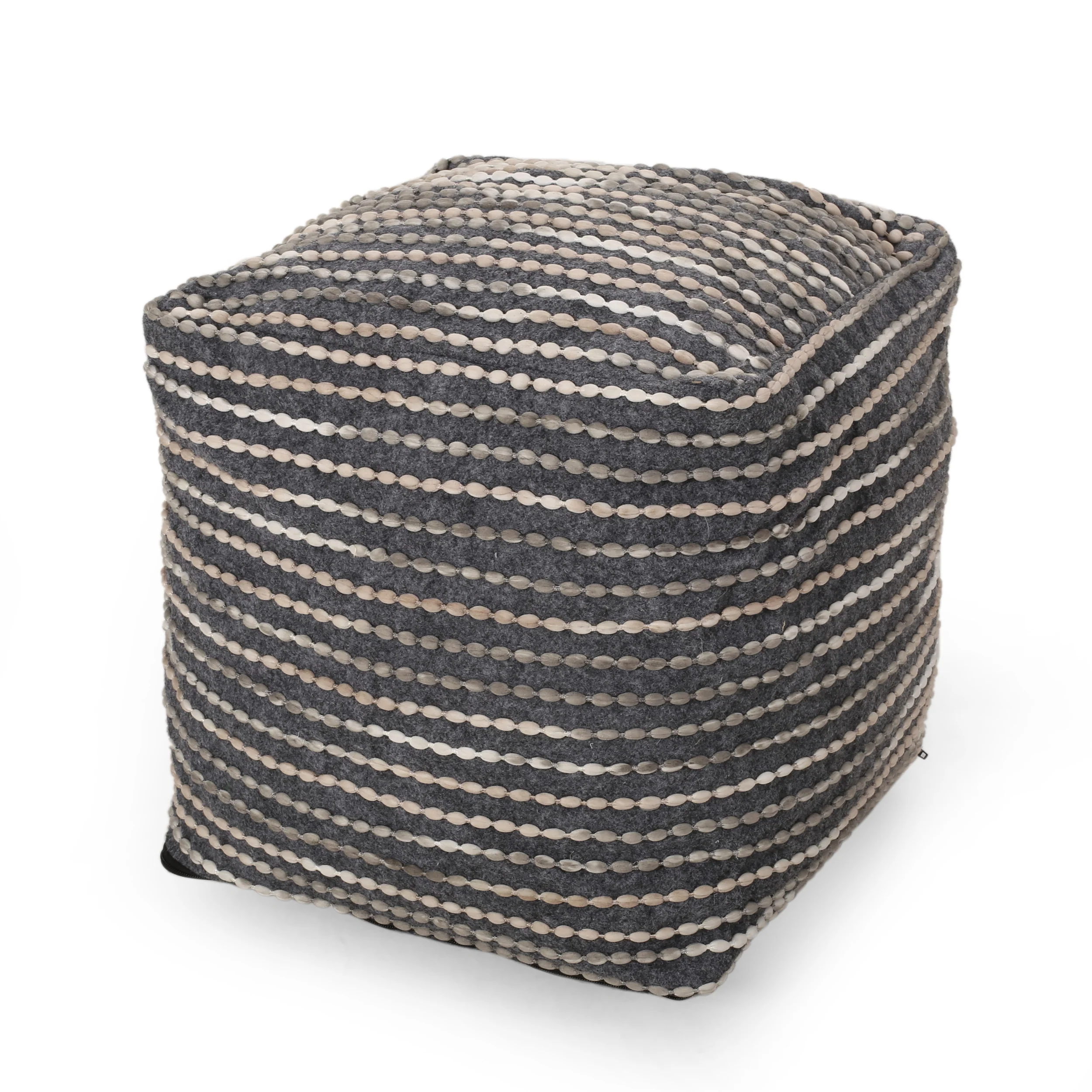Purvis Jarrett Boho Handcrafted Fabric Cube Pouf, Ivory, Beige, and Gray - furnishings