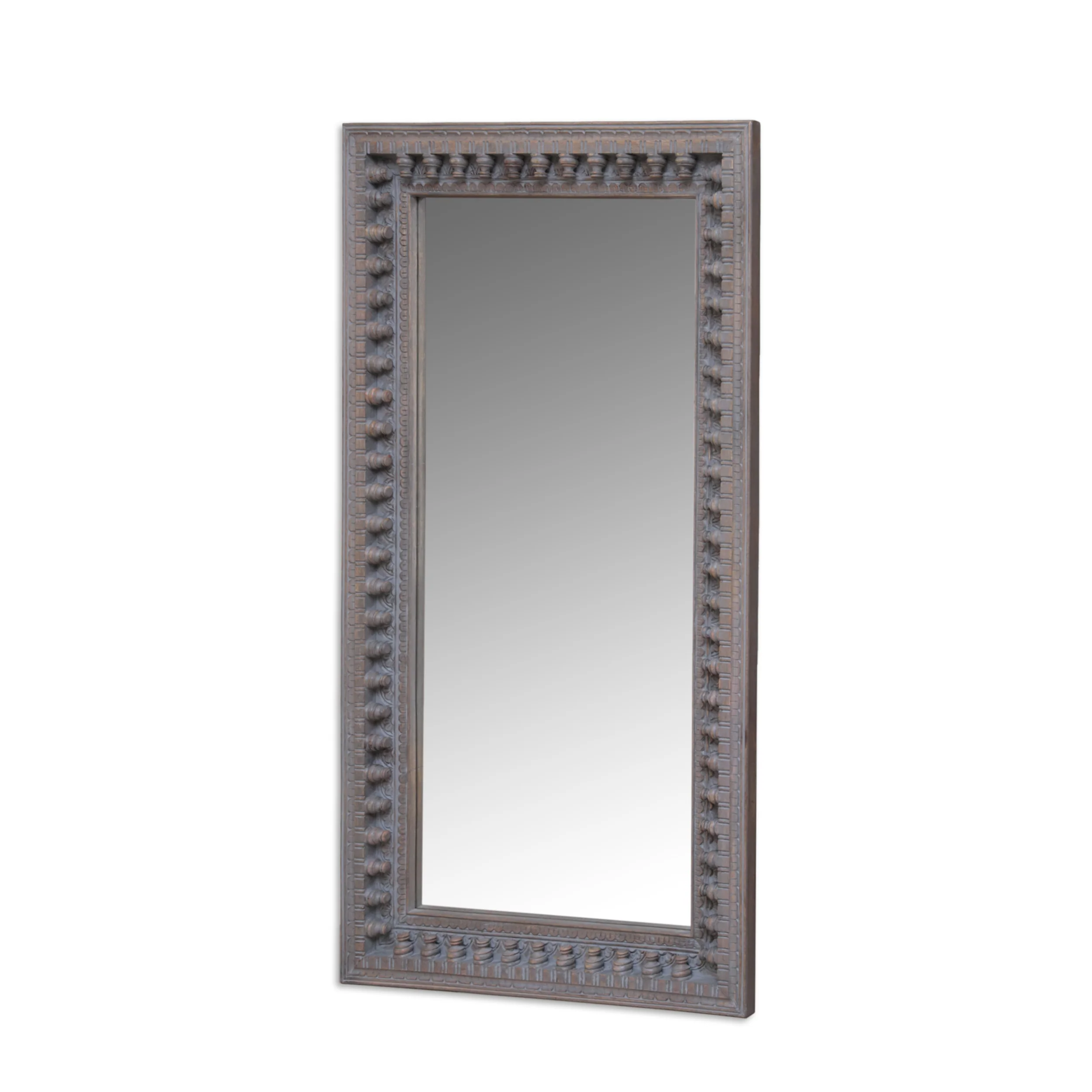 Finn Boho Handcrafted Mango Wood Carved Hanging Floor Mirror, Distressed Gray - furnishings
