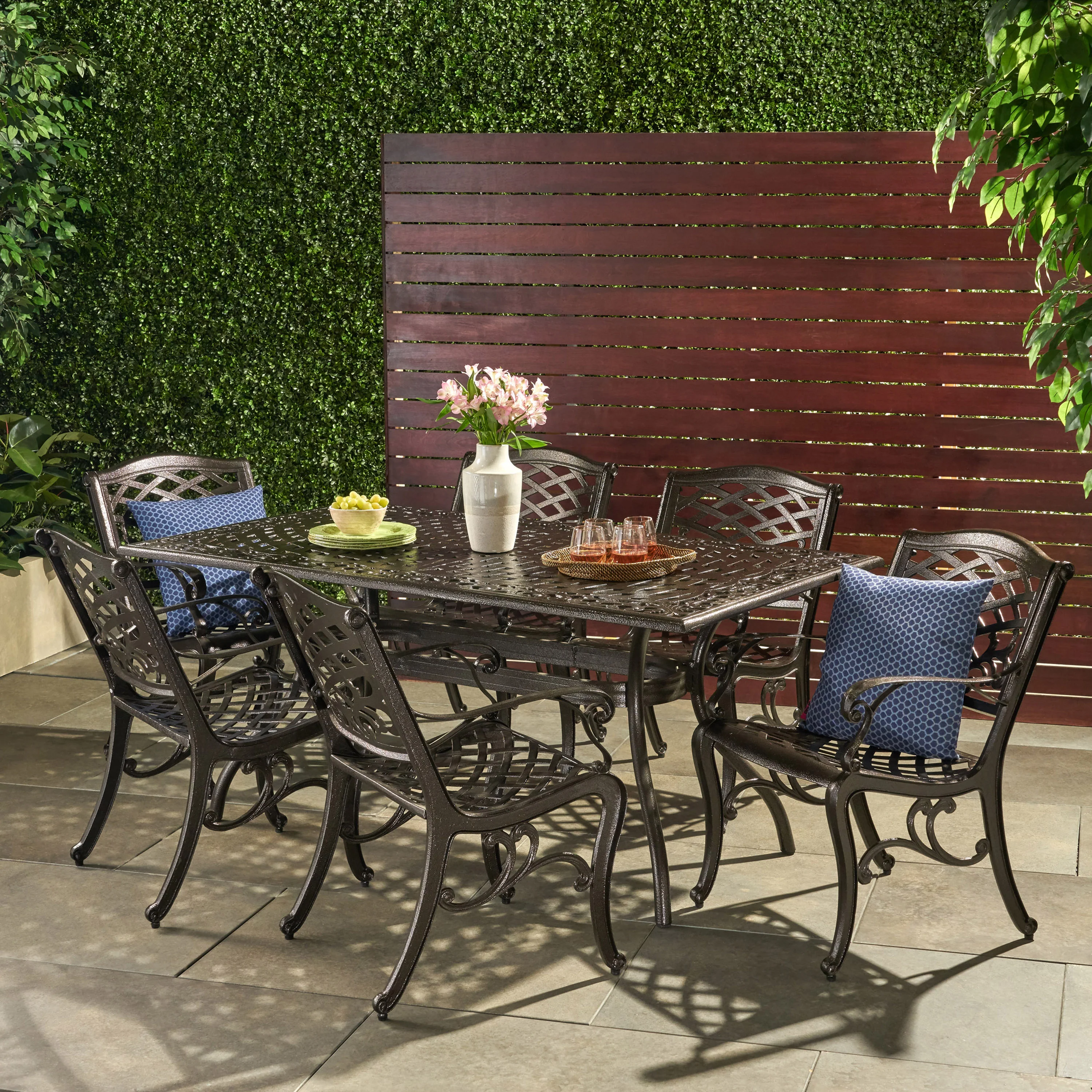 Odena Outdoor 7-piece Cast Aluminum Rectangle Bronze Dining Set - furnishings