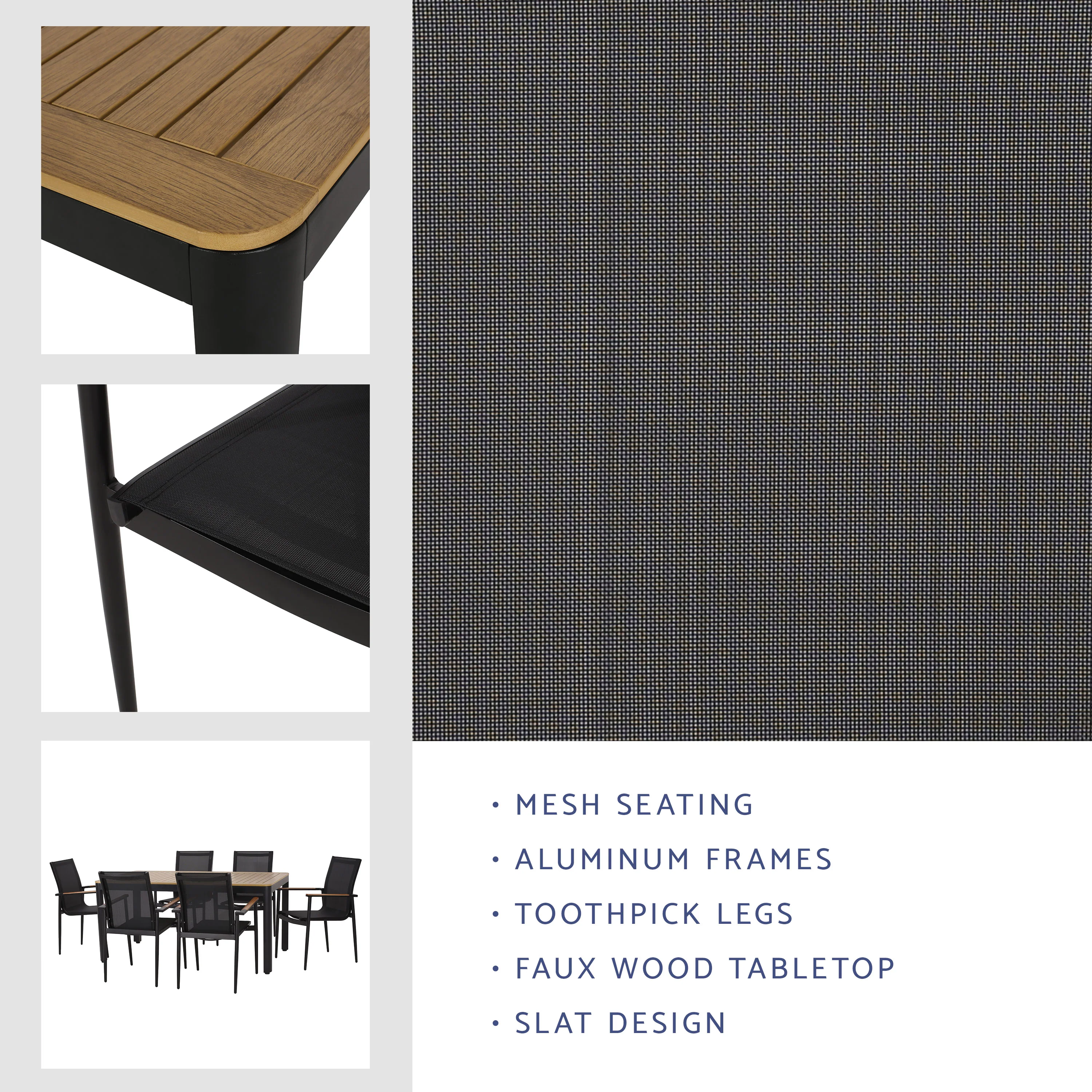 Harlem Outdoor Mesh and Aluminum 7 Piece Dining Set, Black and Natural - furnishings