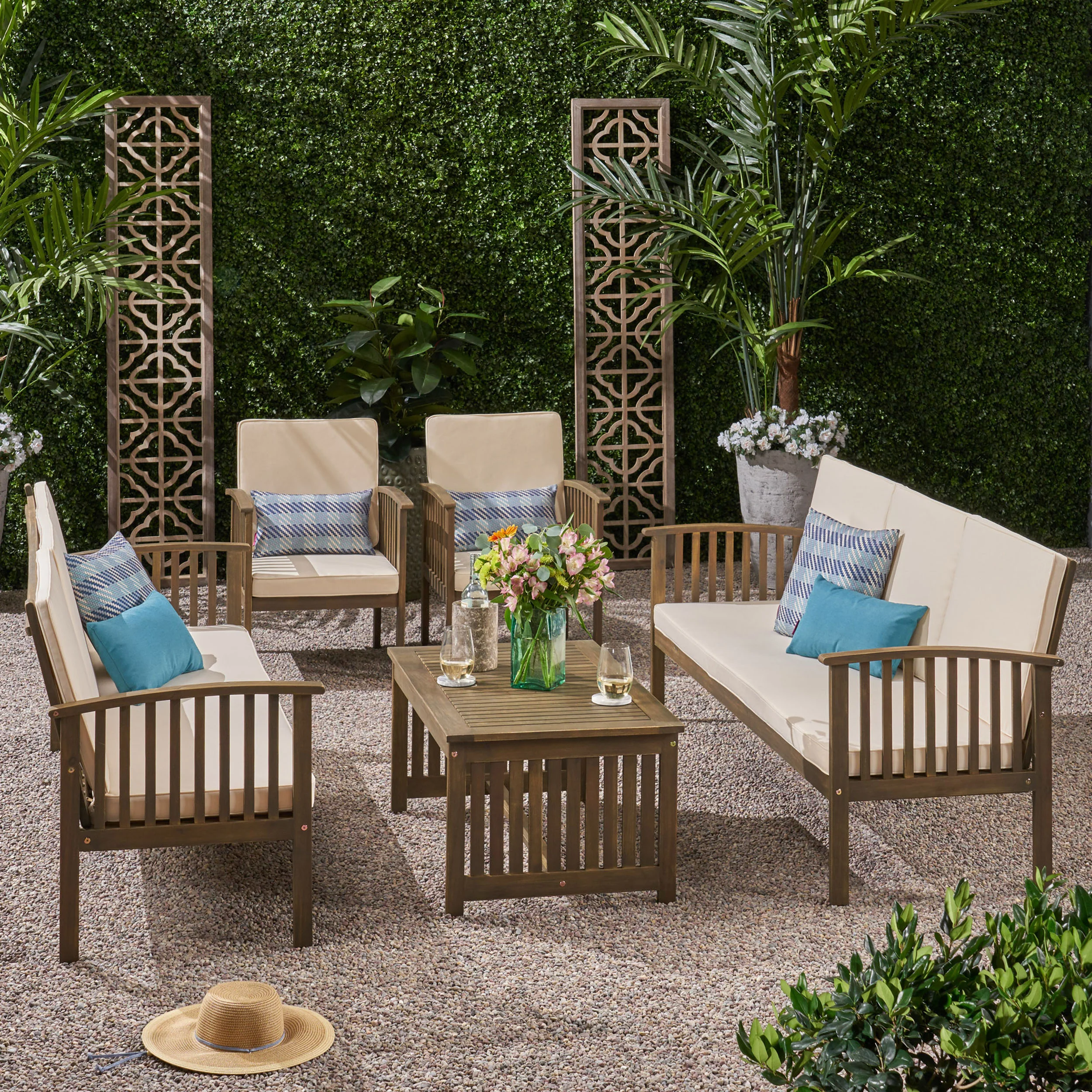 Fanny Outdoor 5 Piece Acacia Wood Sofa Conversational Set - furnishings