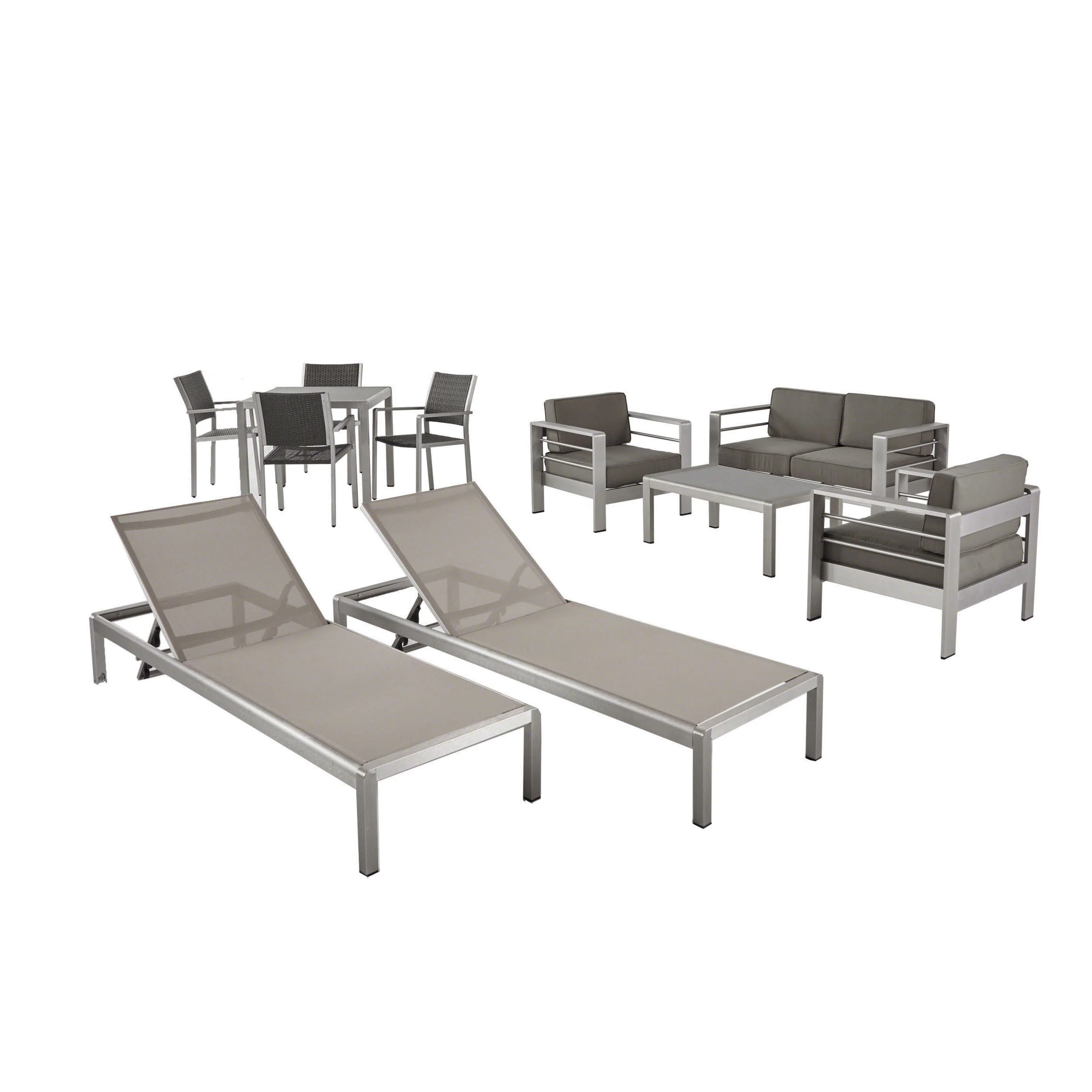 Julia Patio Collection - 4-Seat Dining Set, 3-Piece Conversation Set, 2 Chaise Lounges, Coffee Table - Aluminum - Glass Table Top - Silver, Gray, Khaki - furnishings